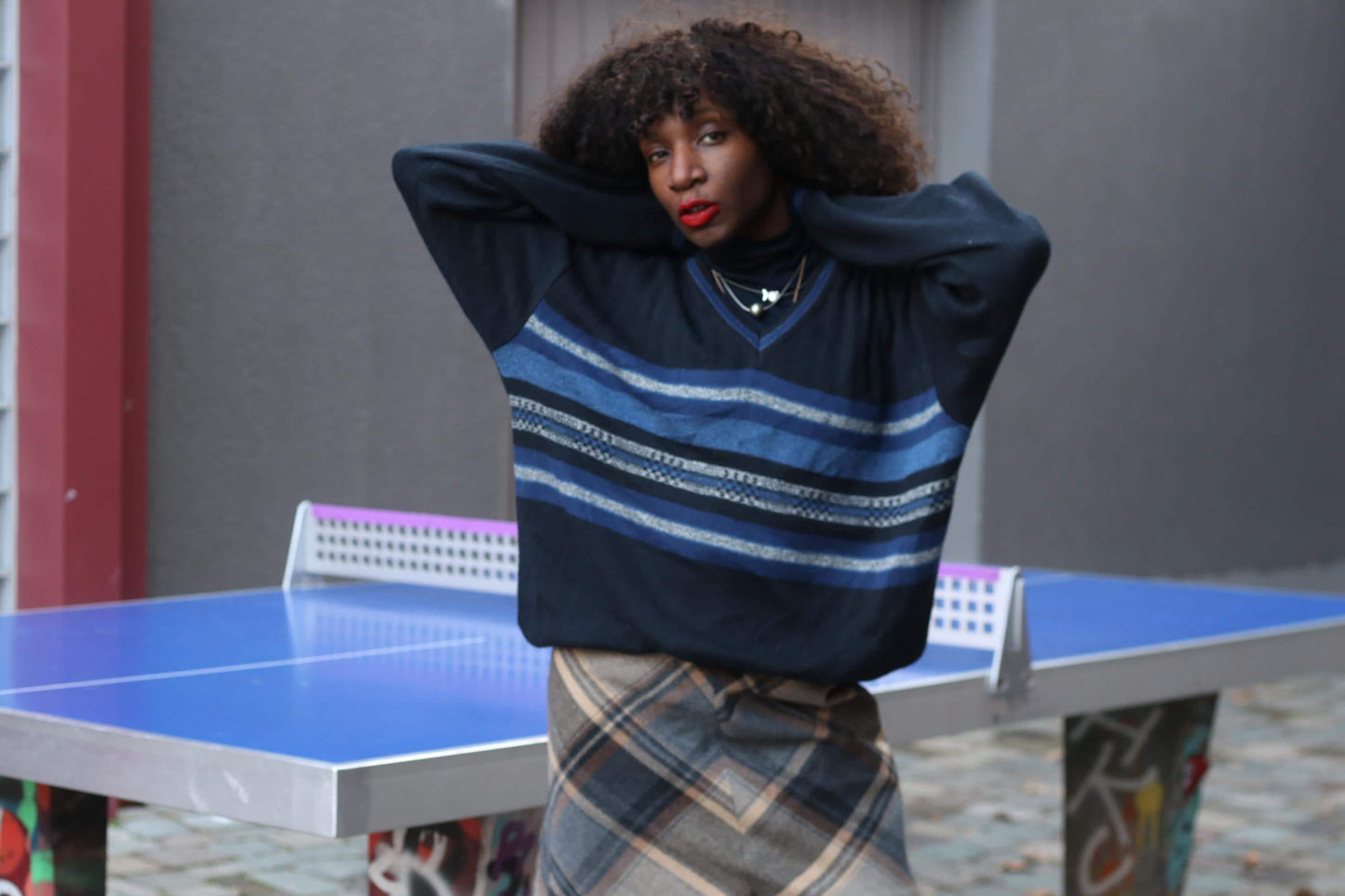 Vintage Navy Striped Sweater Oversized 90s V-Neck Pullover Knit Blue Geometric