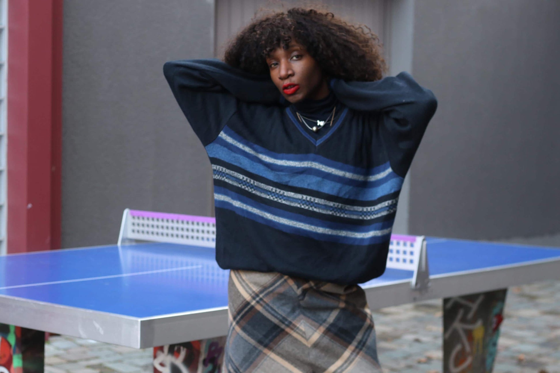 Vintage Navy Striped Sweater Oversized 90s V-Neck Pullover Knit Blue Geometric