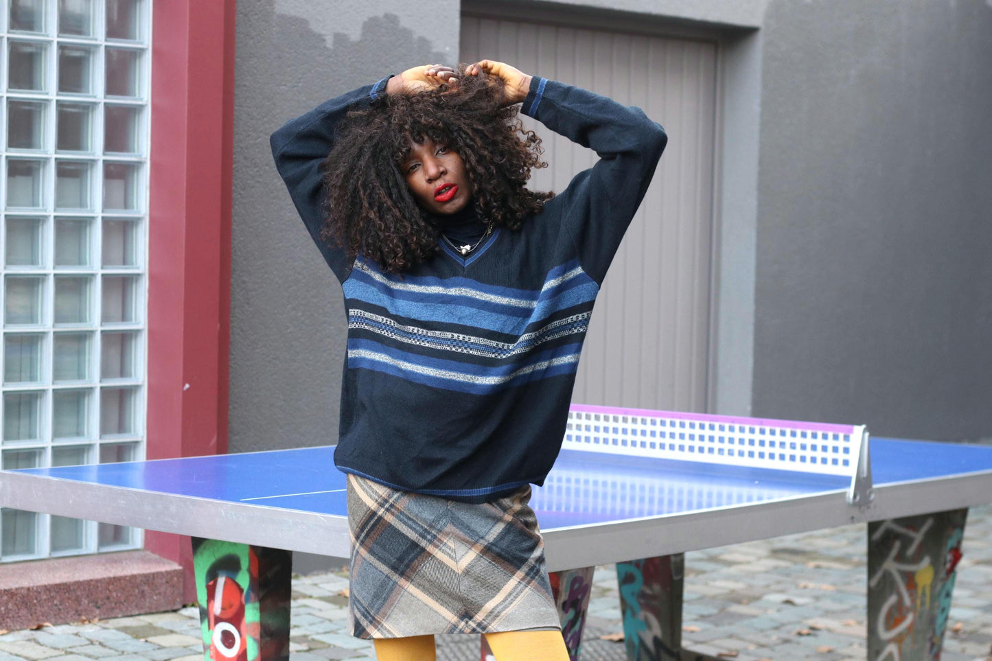 Vintage Navy Striped Sweater Oversized 90s V-Neck Pullover Knit Blue Geometric