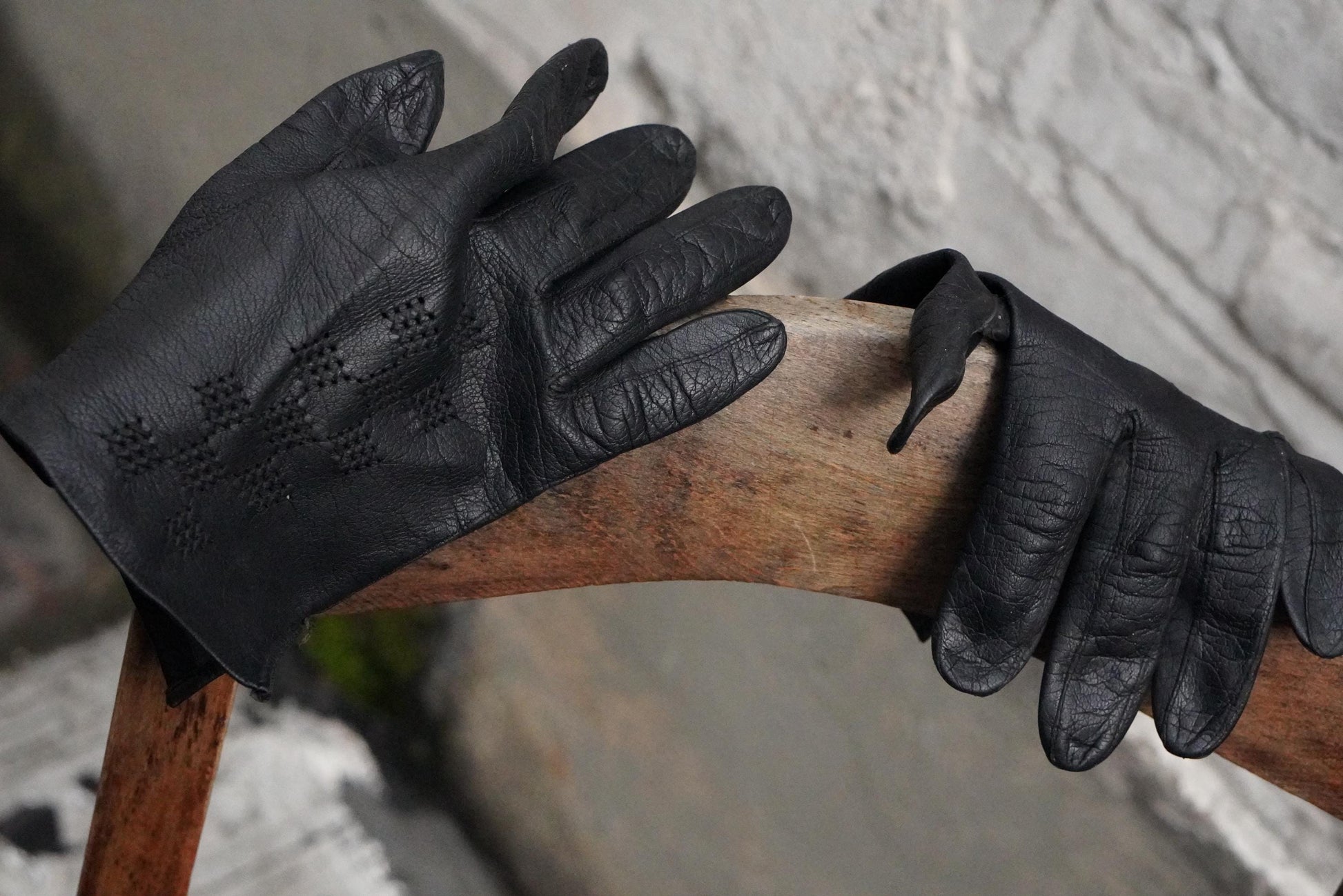 Vintage Black Leather Gloves Embroidered Geometric Pattern Mid Century Unlined Small