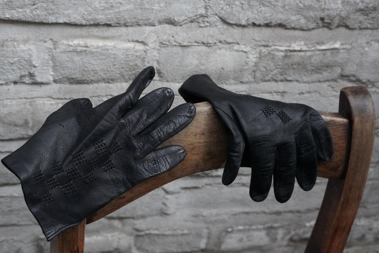 Vintage Black Leather Gloves Embroidered Geometric Pattern Mid Century Unlined Small