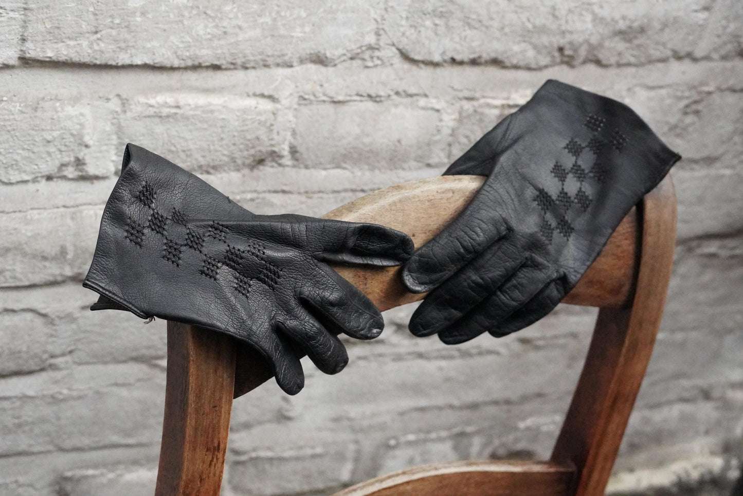 Vintage Black Leather Gloves Embroidered Geometric Pattern Mid Century Unlined Small