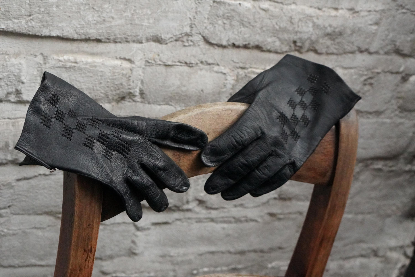 Vintage Black Leather Gloves Embroidered Geometric Pattern Mid Century Unlined Small