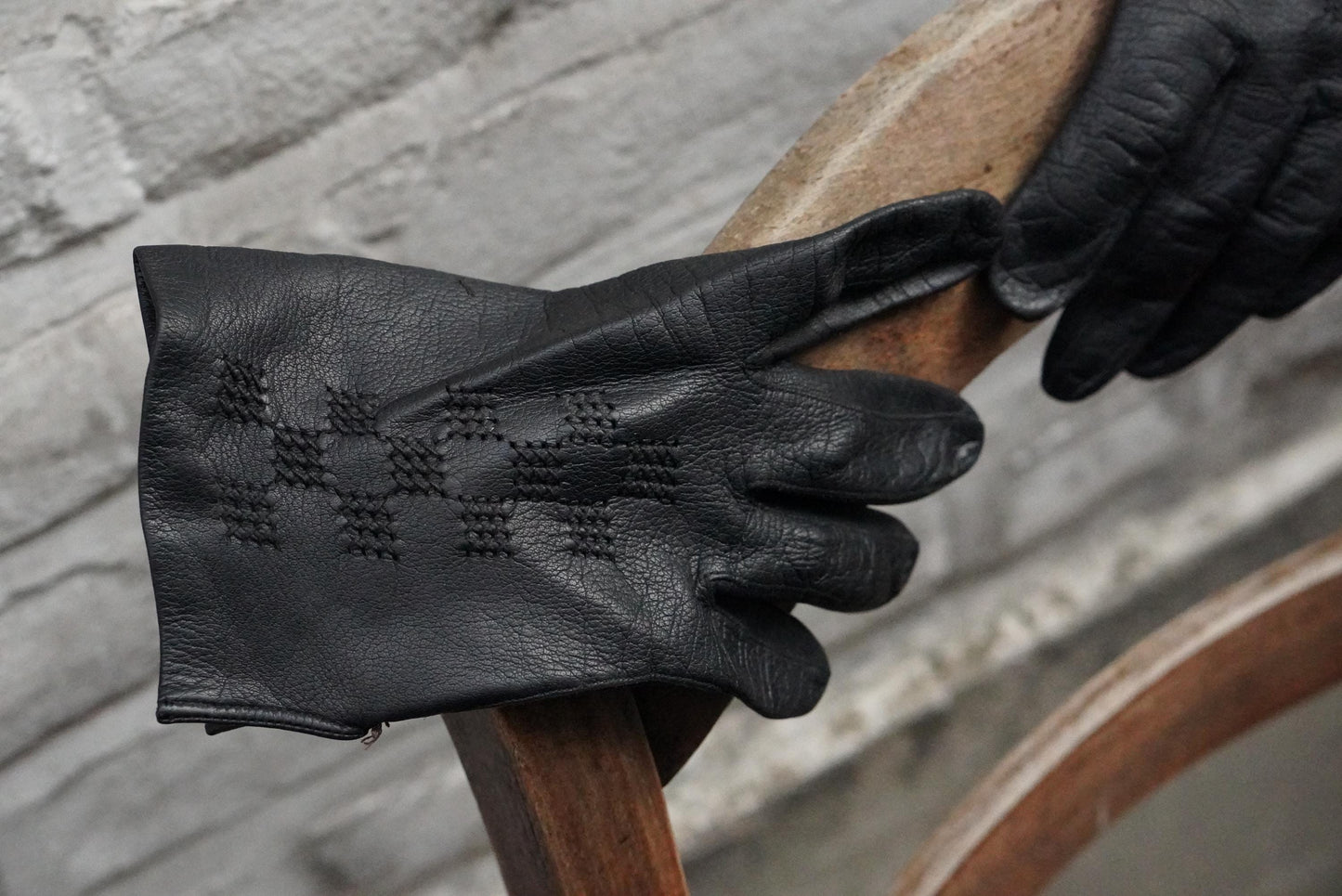 Vintage Black Leather Gloves Embroidered Geometric Pattern Mid Century Unlined Small