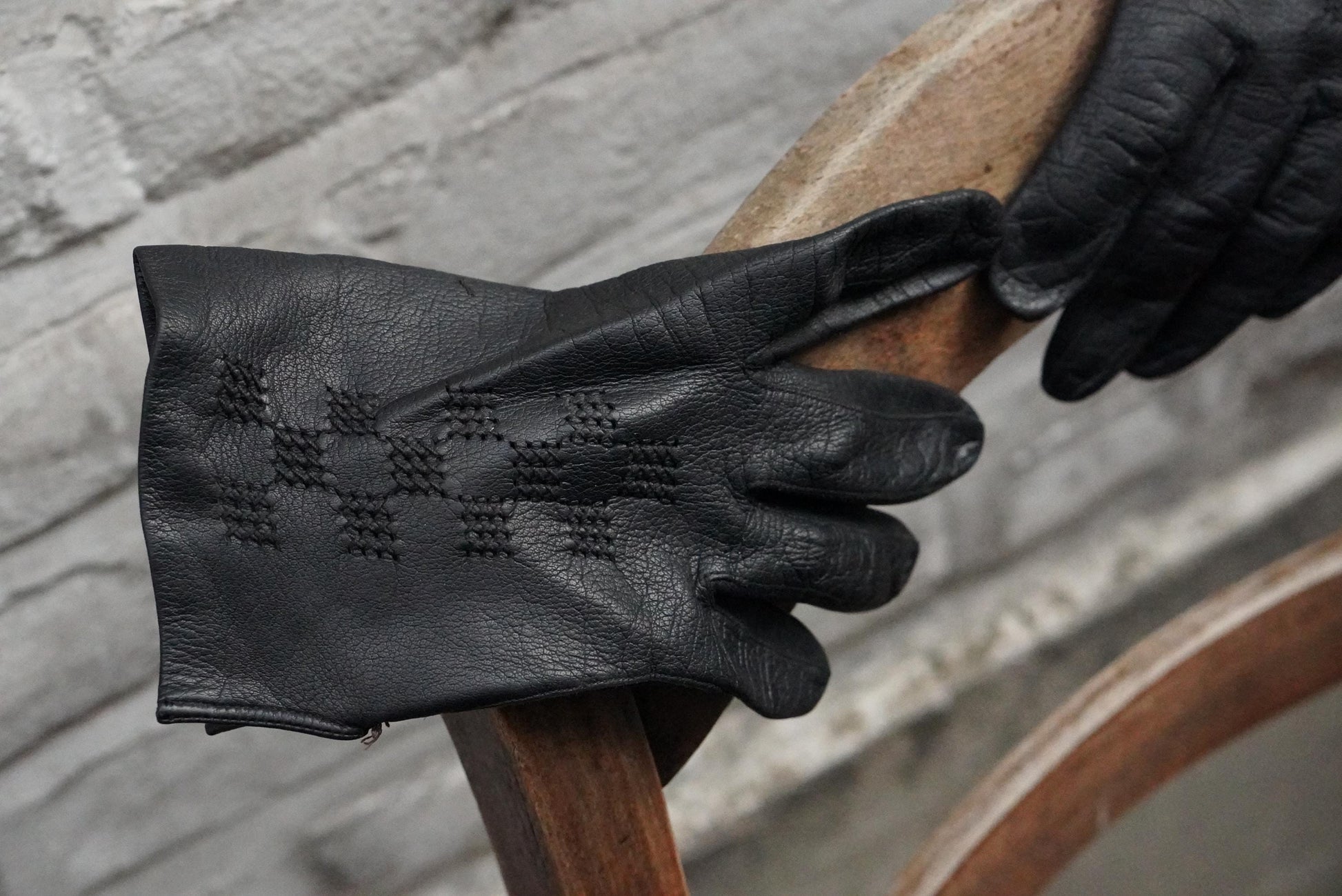 Vintage Black Leather Gloves Embroidered Geometric Pattern Mid Century Unlined Small