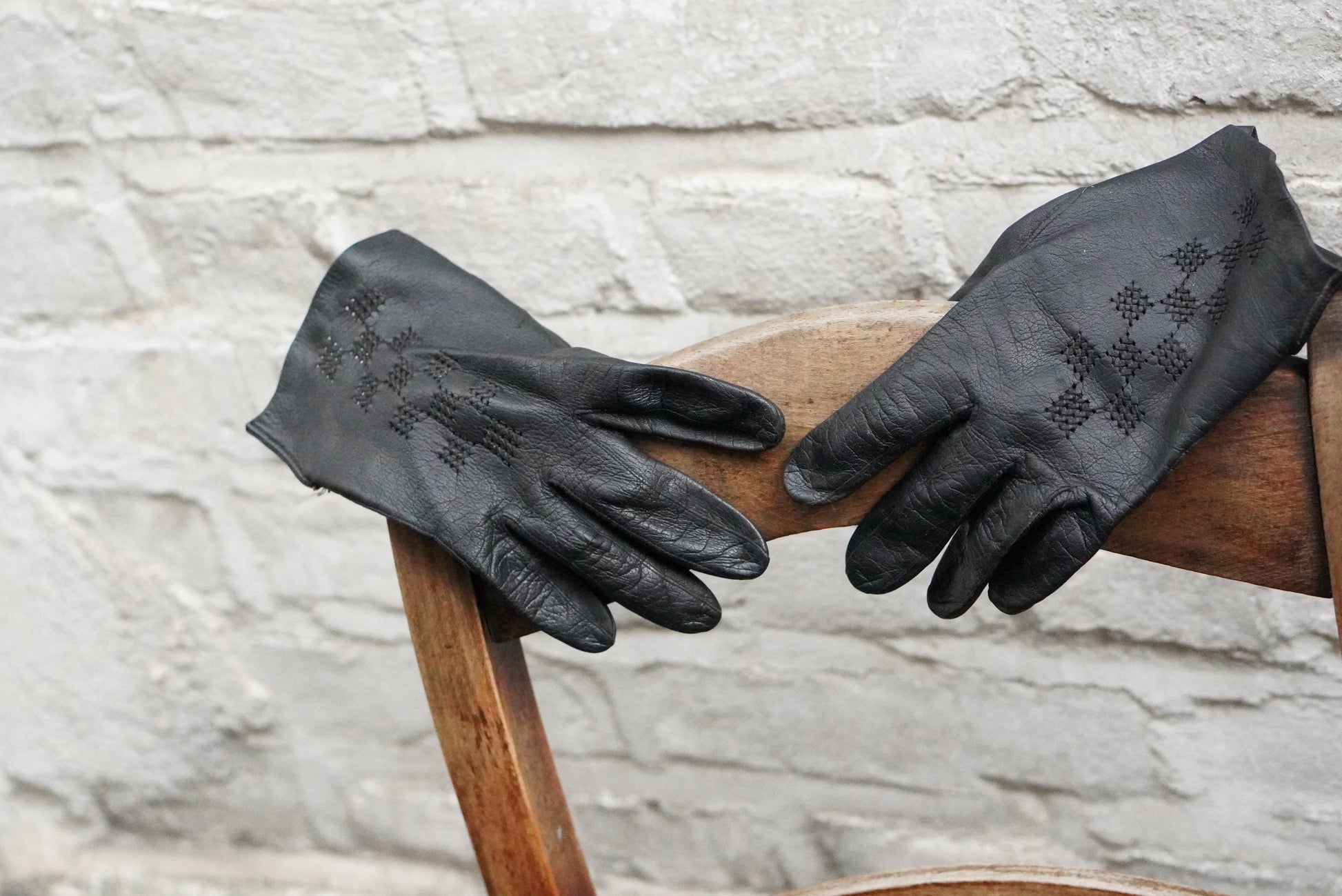 Vintage Black Leather Gloves Embroidered Geometric Pattern Mid Century Unlined Small