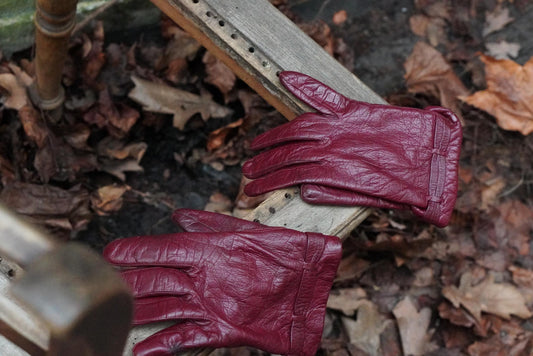 Vintage Burgundy Leather Gloves l| 90s Oxblood Pebbled Leather Knit Lined Winter