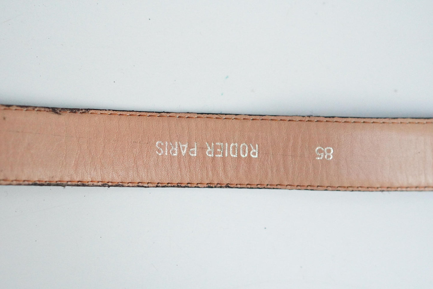 Rodier Paris Vintage Leather Belt Size 85 Cognac Brown Silver Logo Buckle Designer