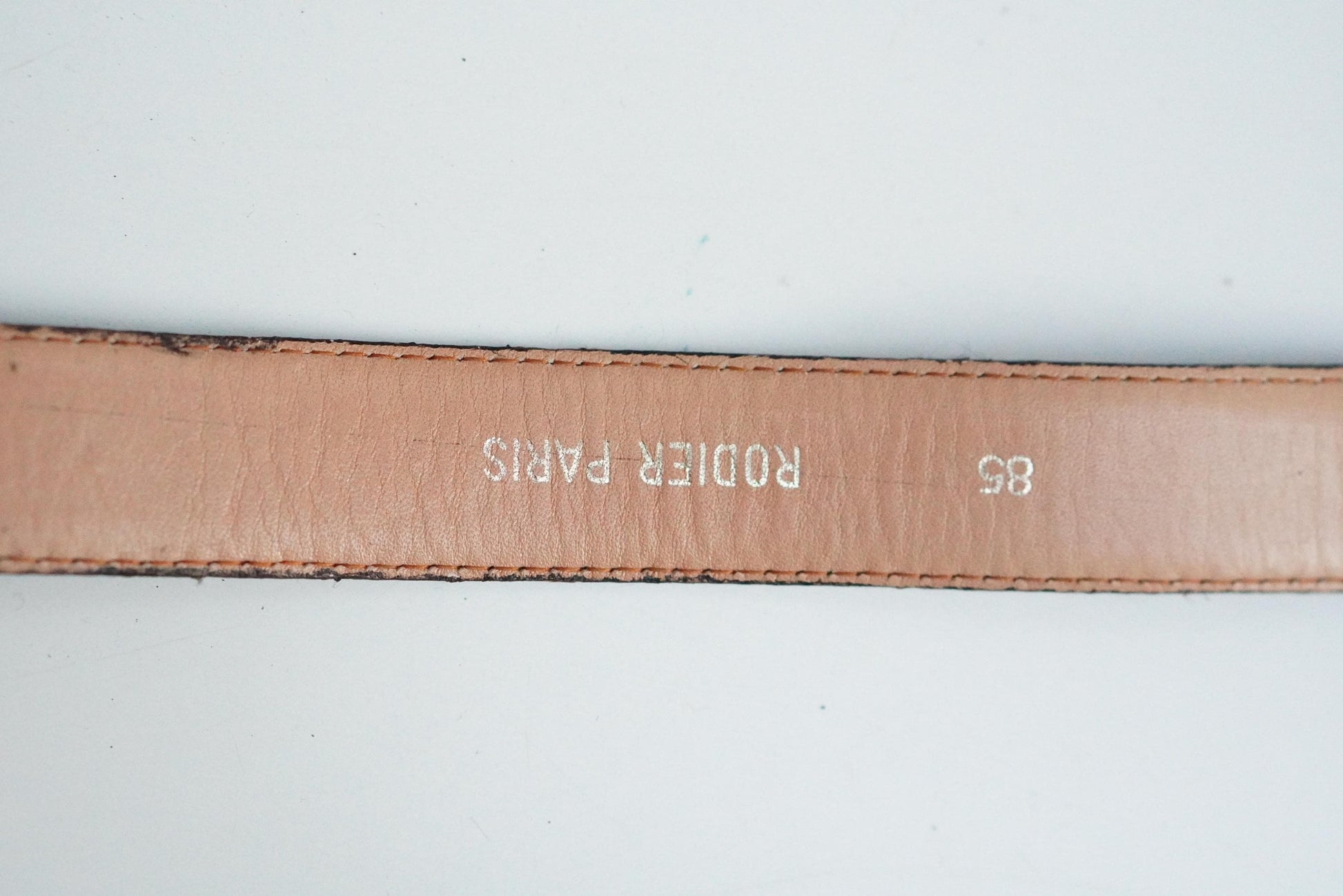 Rodier Paris Vintage Leather Belt Size 85 Cognac Brown Silver Logo Buckle Designer