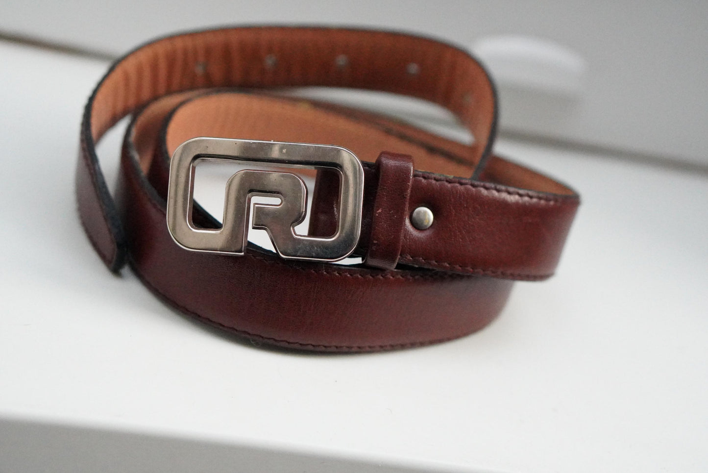 Rodier Paris Vintage Leather Belt Size 85 Cognac Brown Silver Logo Buckle Designer