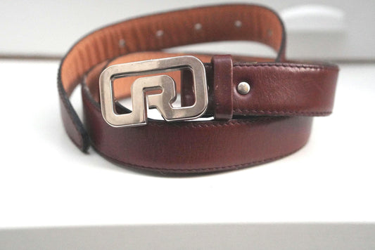 Rodier Paris Vintage Leather Belt Size 85 Cognac Brown Silver Logo Buckle Designer