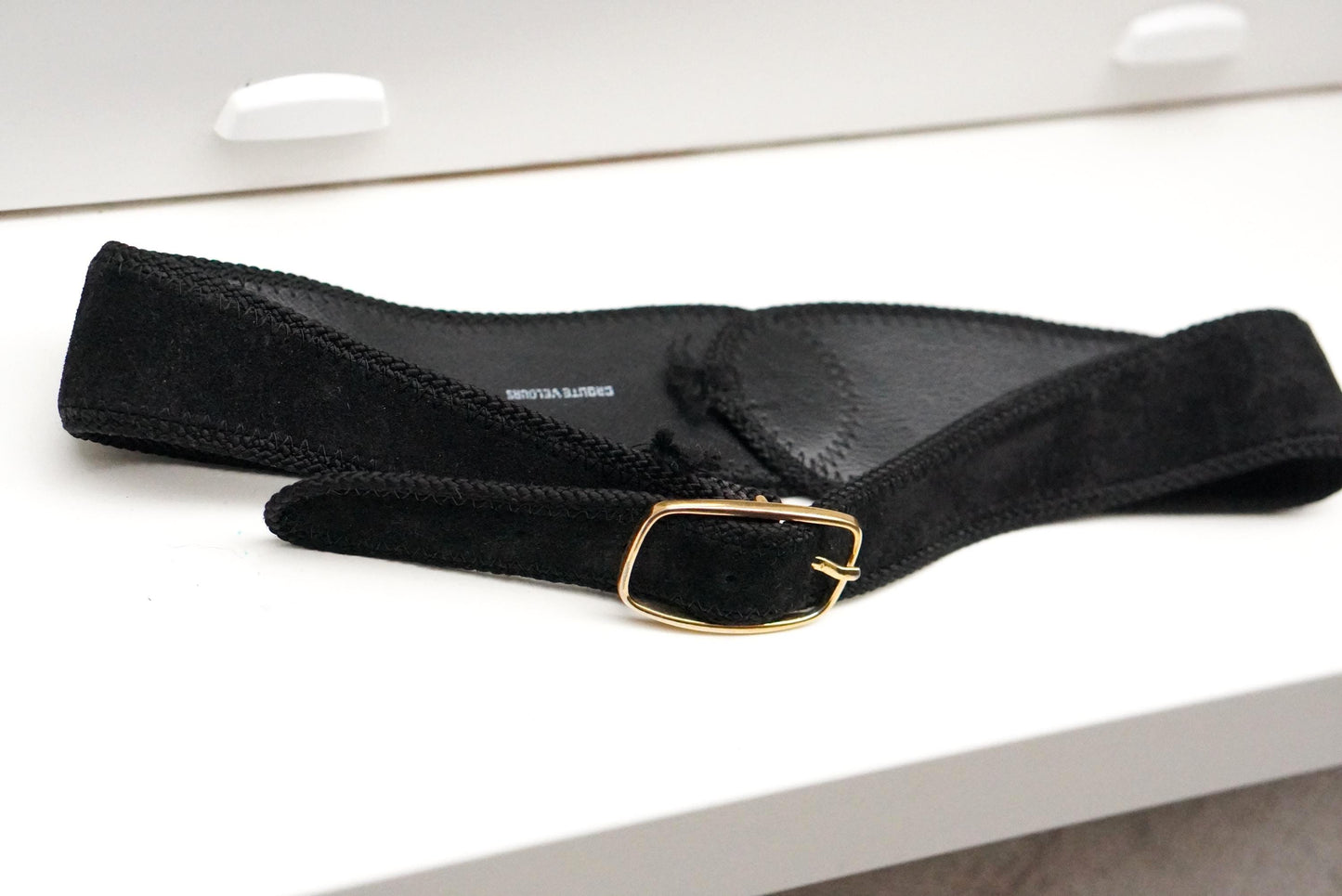 Vintage Black Suede Waist Belt Gold Buckle French Leather Croute Velours 75/30
