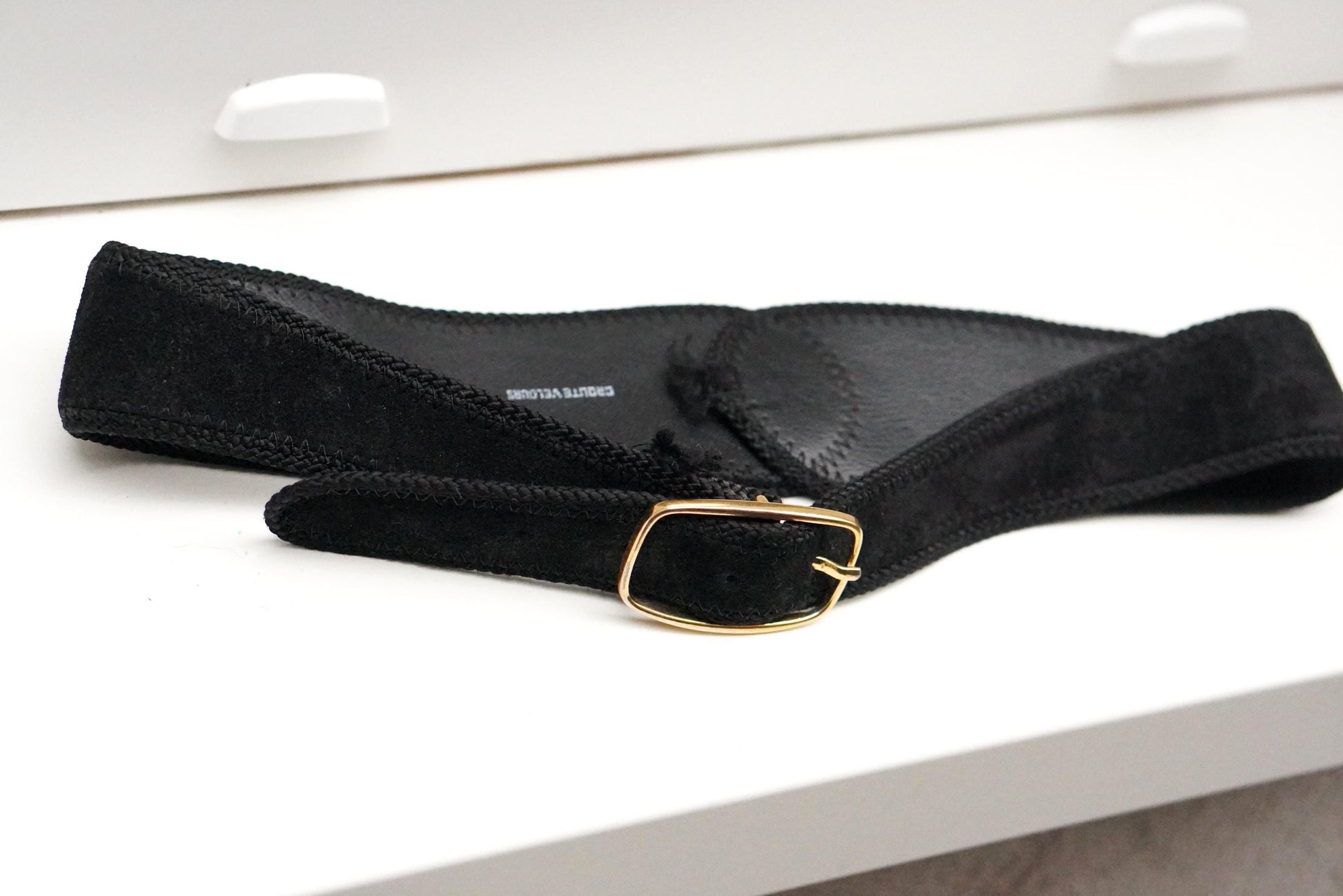 Vintage Black Suede Waist Belt Gold Buckle French Leather Croute Velours 75/30