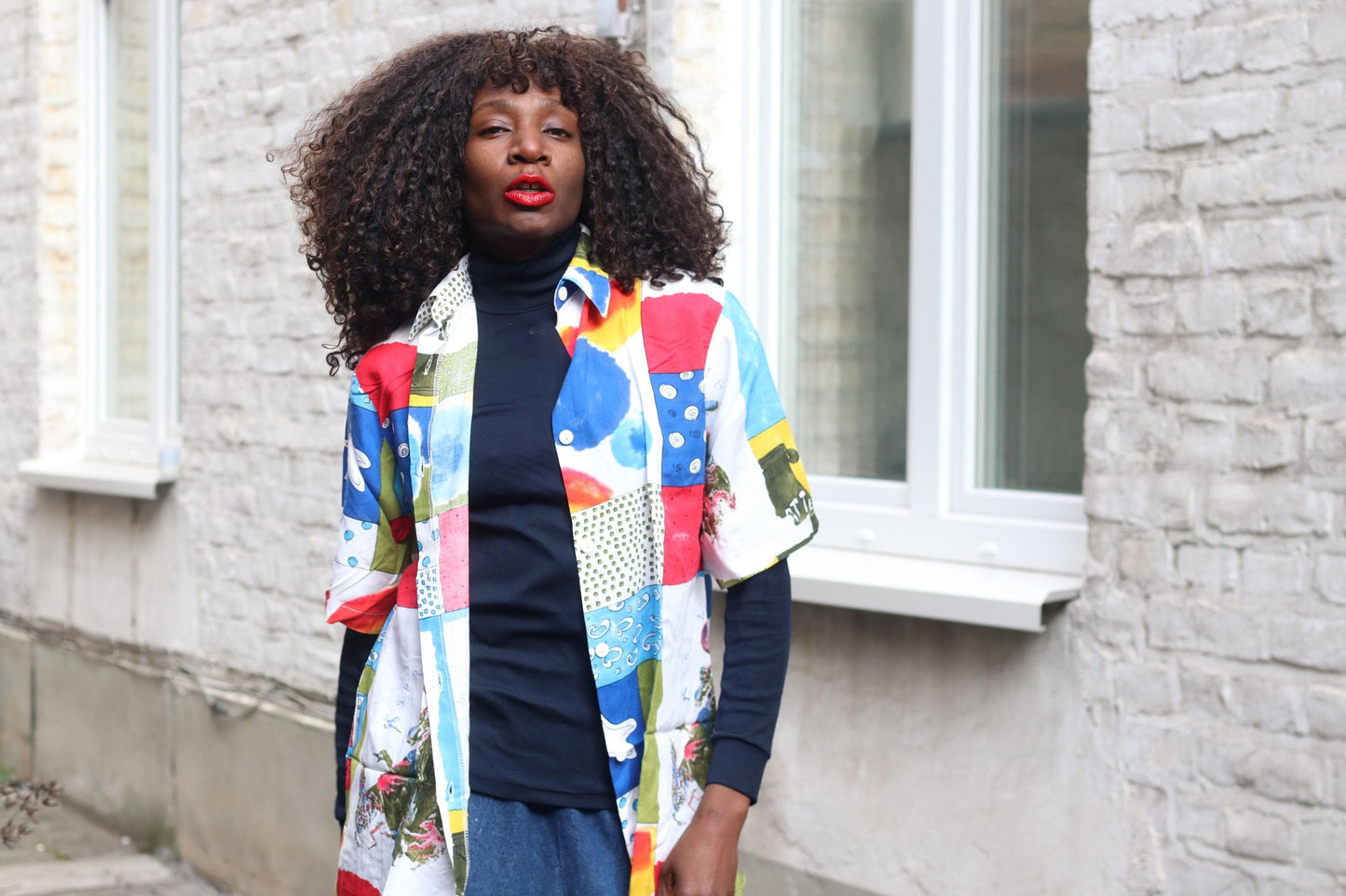 Vintage 90s Art Shirt| Unisex Abstract Patchwork Print Short Sleeve Viscose Blouse Size M