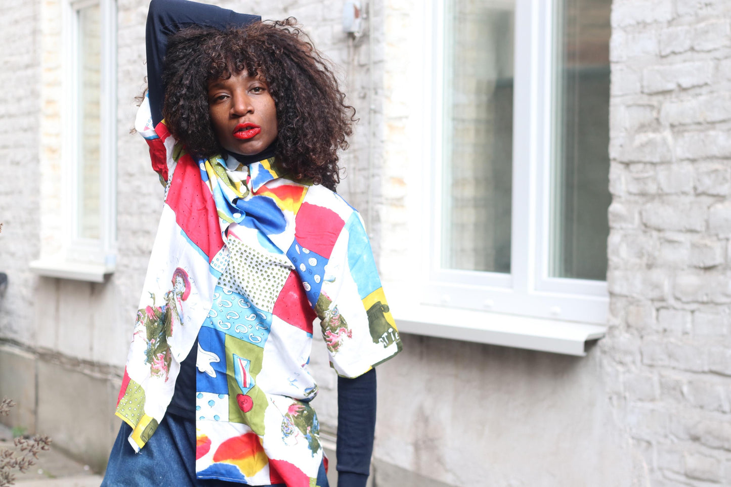 Vintage 90s Art Shirt| Unisex Abstract Patchwork Print Short Sleeve Viscose Blouse Size M