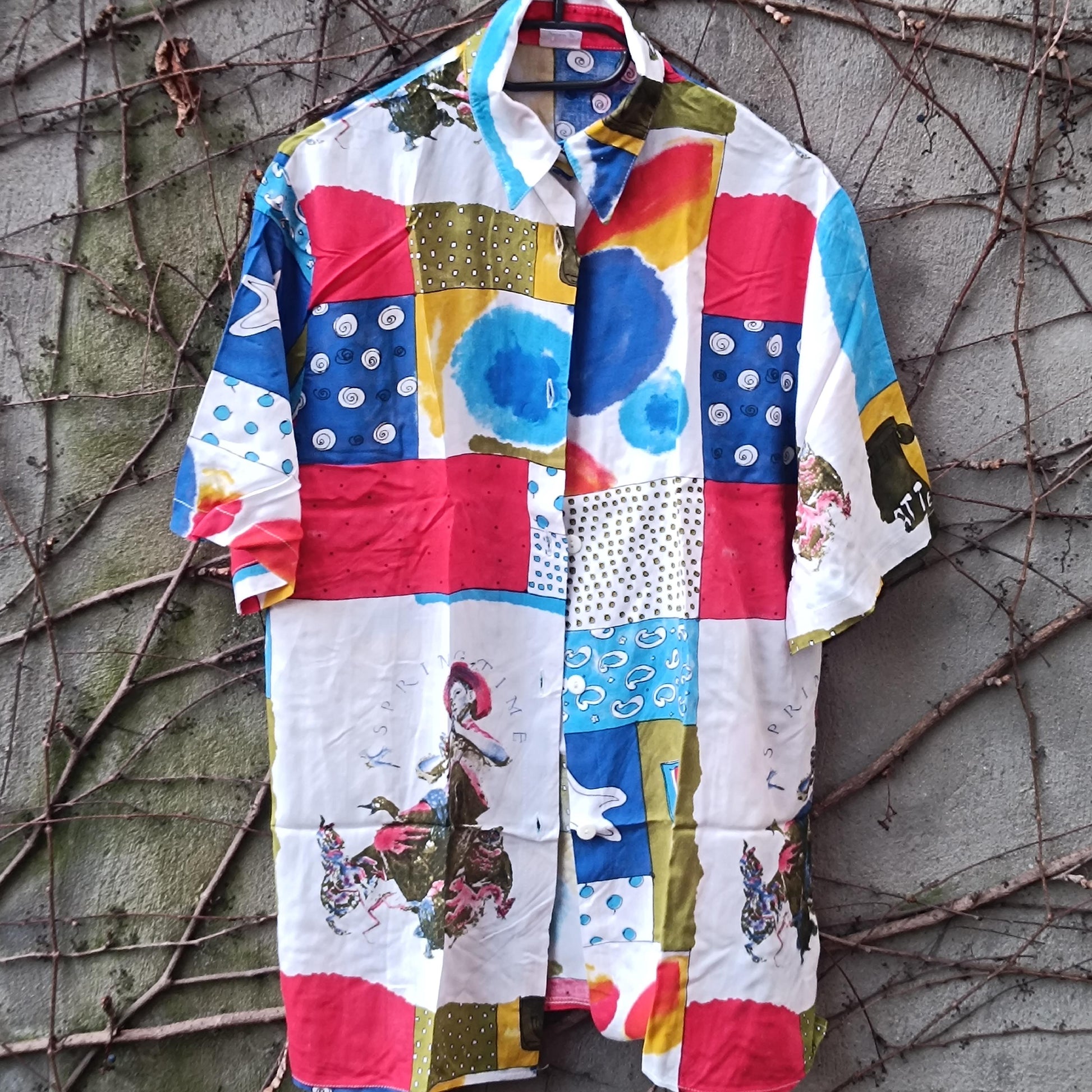 Vintage 90s Art Shirt| Unisex Abstract Patchwork Print Short Sleeve Viscose Blouse Size M