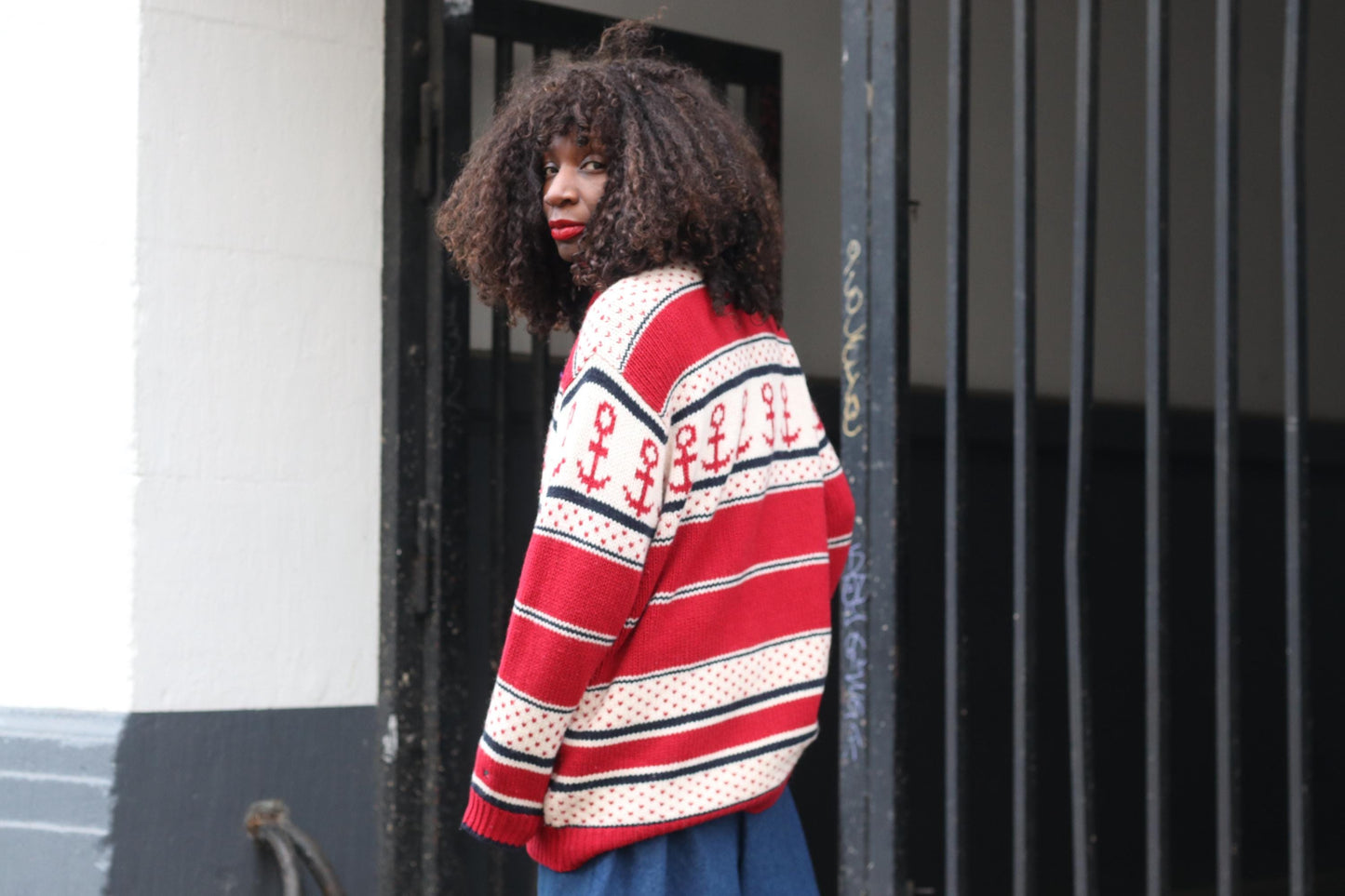 Vintage Nautical Anchor Sweater Red White Oversized Knit Pullover Quarter Zip XL