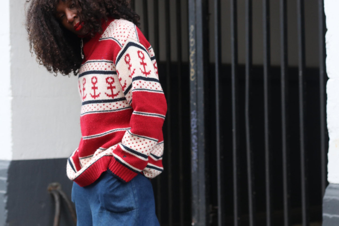 Vintage Nautical Anchor Sweater Red White Oversized Knit Pullover Quarter Zip XL