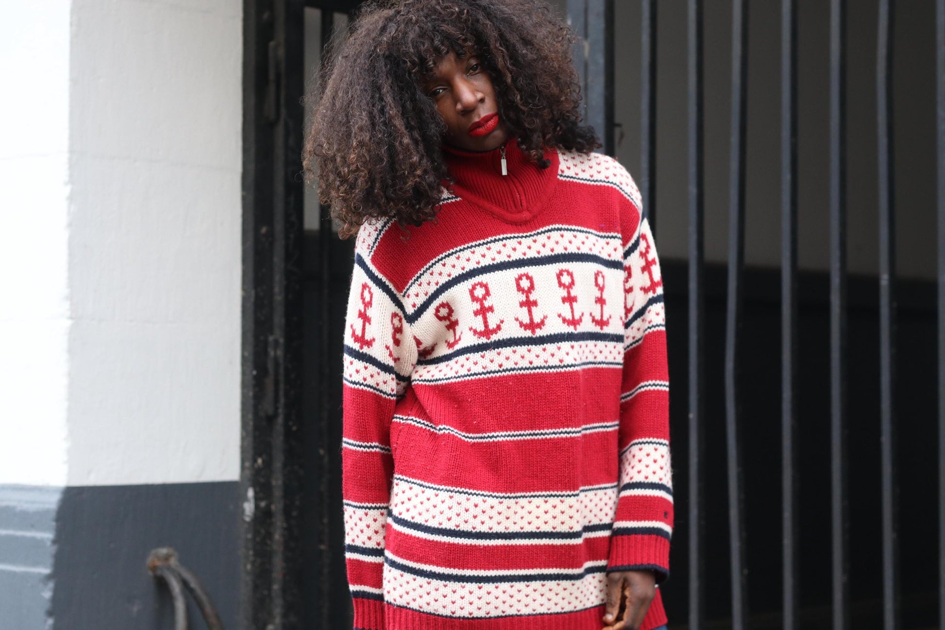 Vintage Nautical Anchor Sweater Red White Oversized Knit Pullover Quarter Zip XL