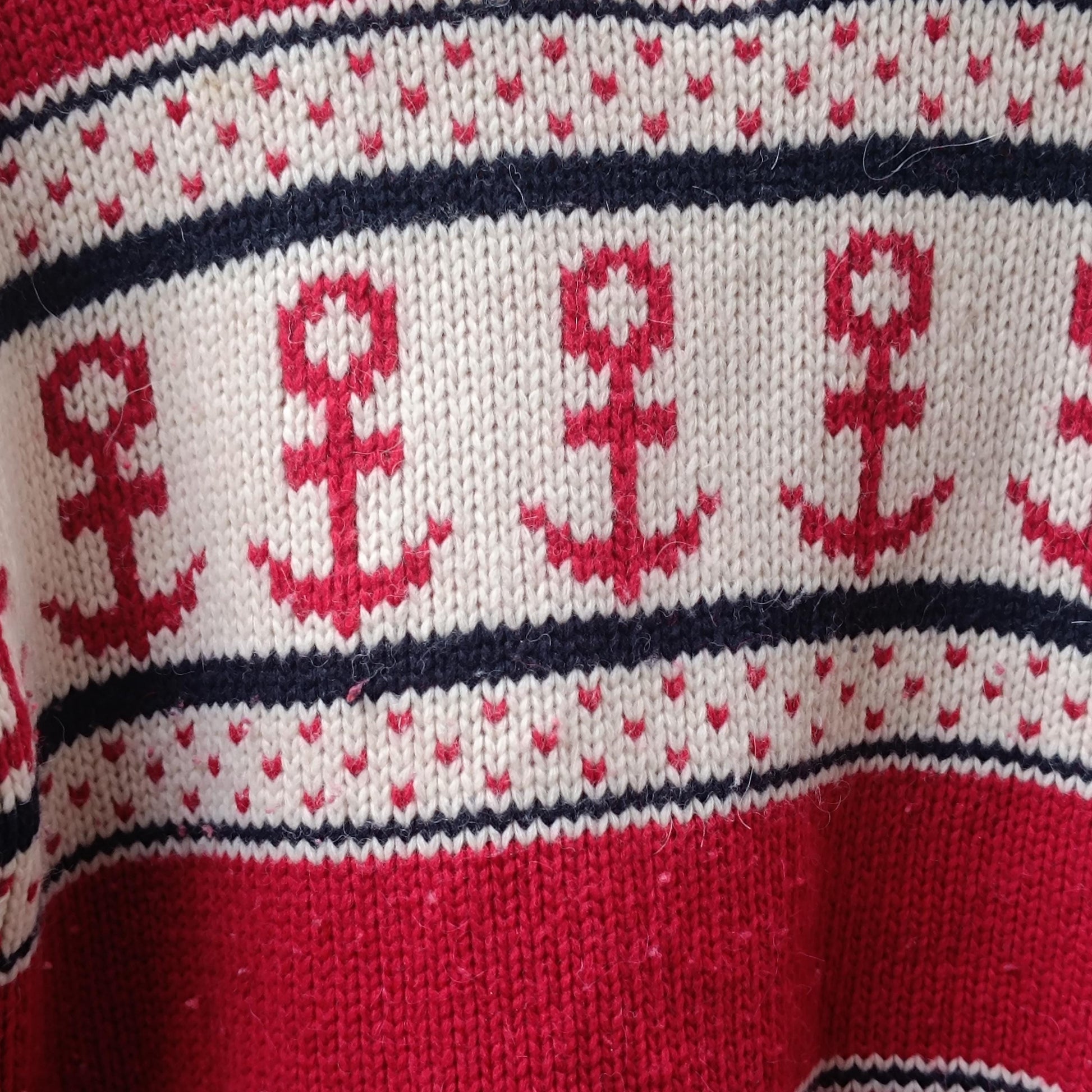 Vintage Nautical Anchor Sweater Red White Oversized Knit Pullover Quarter Zip XL