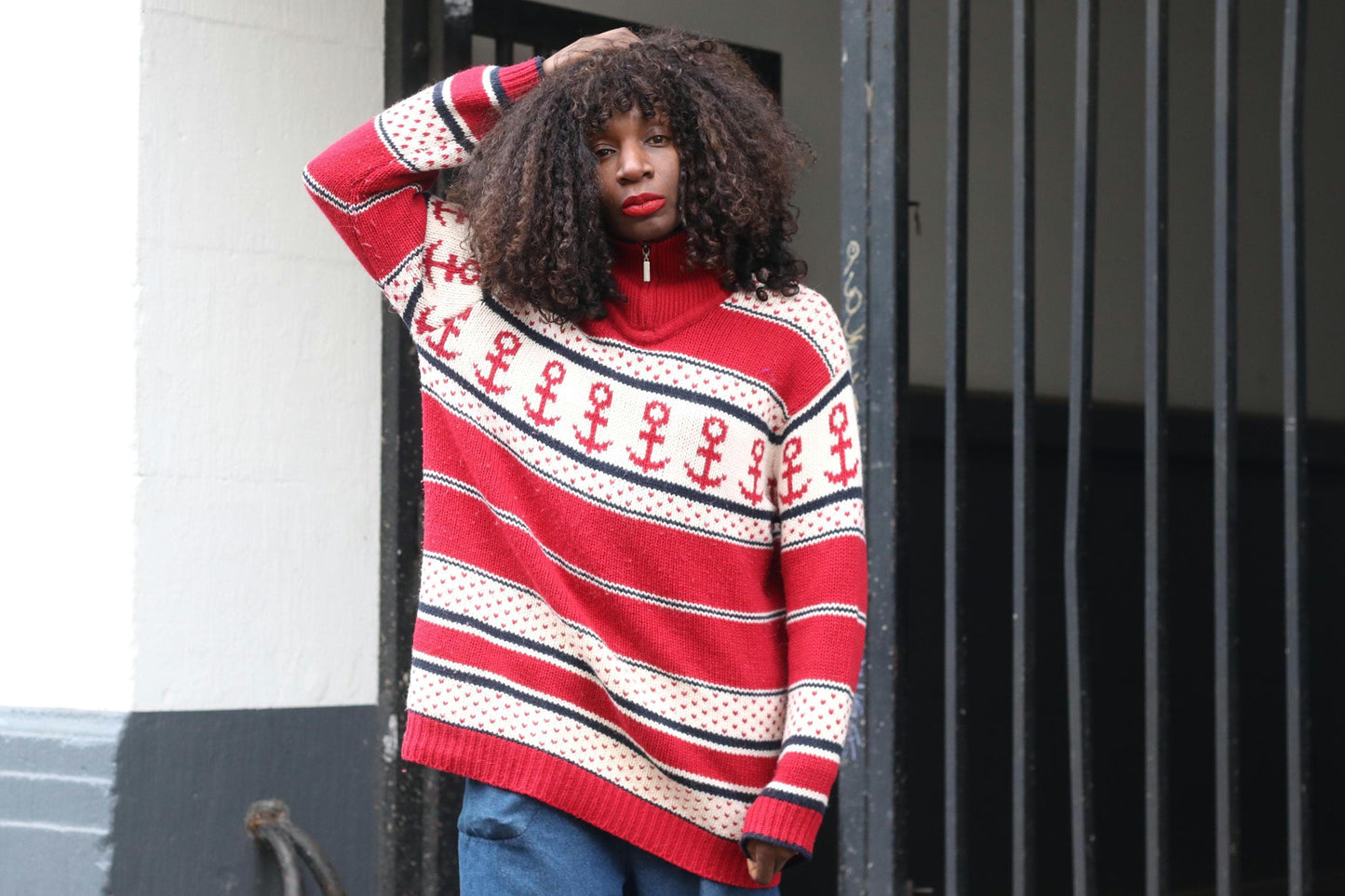 Vintage Nautical Anchor Sweater Red White Oversized Knit Pullover Quarter Zip XL