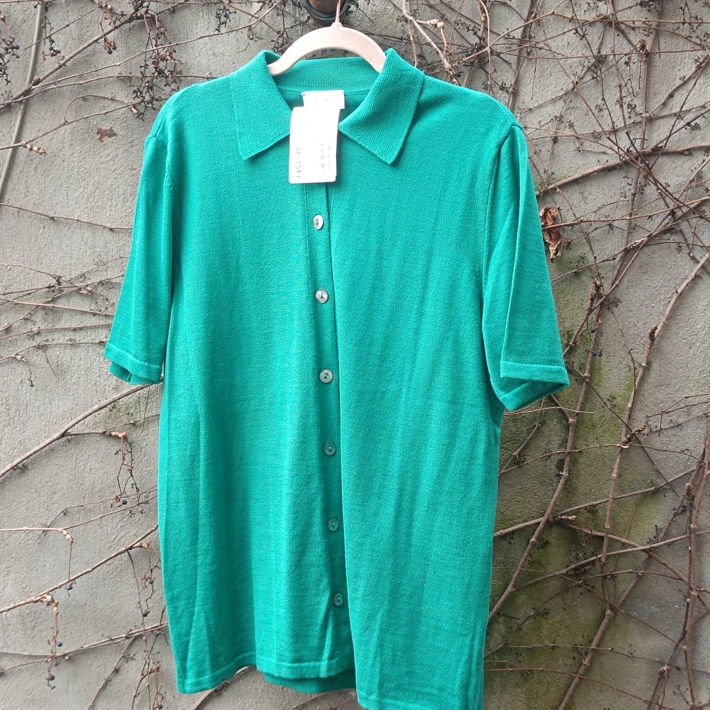 Vintage Deadstock Green Virgin Wool Cotton Polo Knit Cardigan Size M-L