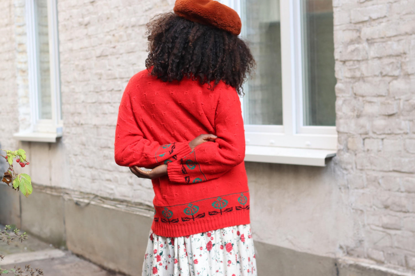 Vintage Red Knit Sweater | 90s Floral Border Oversized Retro Pullover| Boho Flower Pattern Jumper