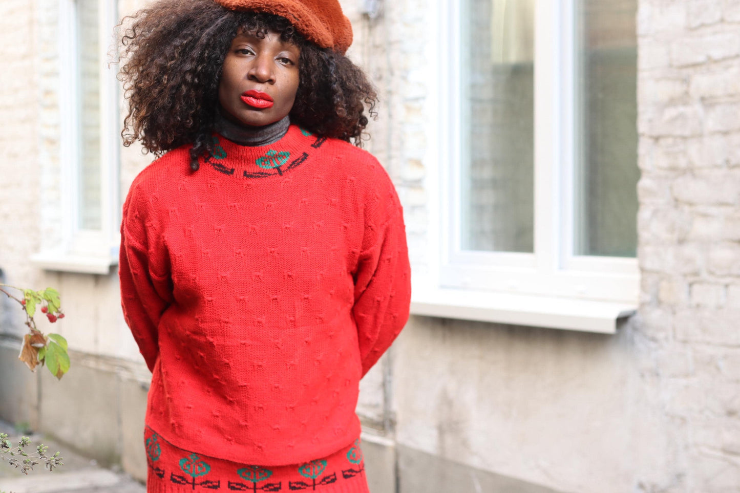 Vintage Red Knit Sweater | 90s Floral Border Oversized Retro Pullover| Boho Flower Pattern Jumper