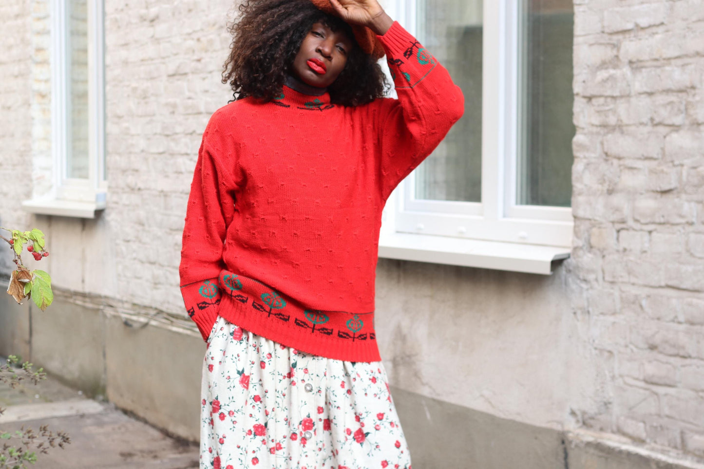 Vintage Red Knit Sweater | 90s Floral Border Oversized Retro Pullover| Boho Flower Pattern Jumper
