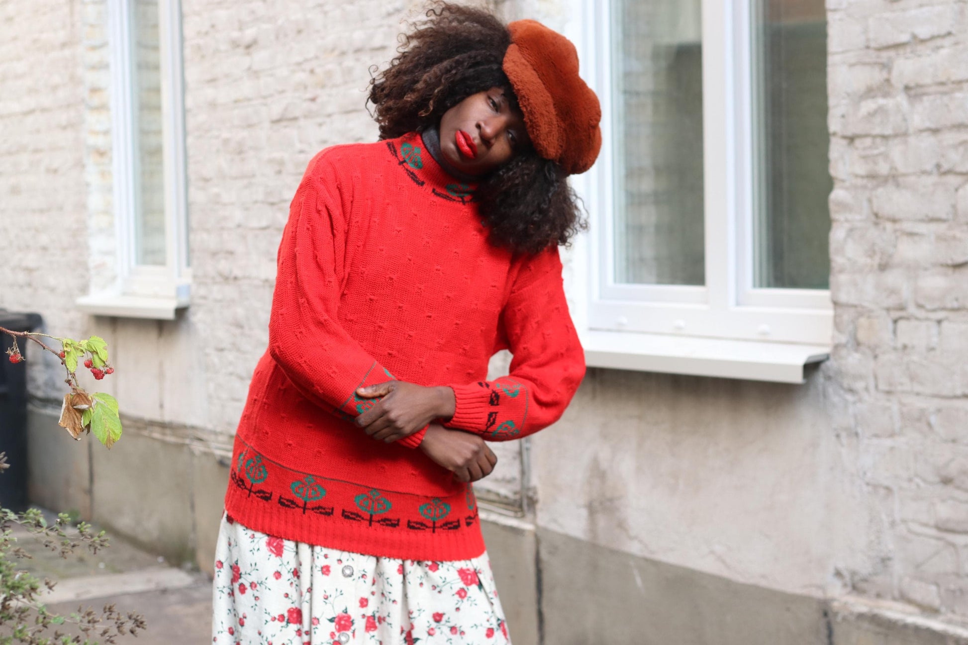 Vintage Red Knit Sweater | 90s Floral Border Oversized Retro Pullover| Boho Flower Pattern Jumper