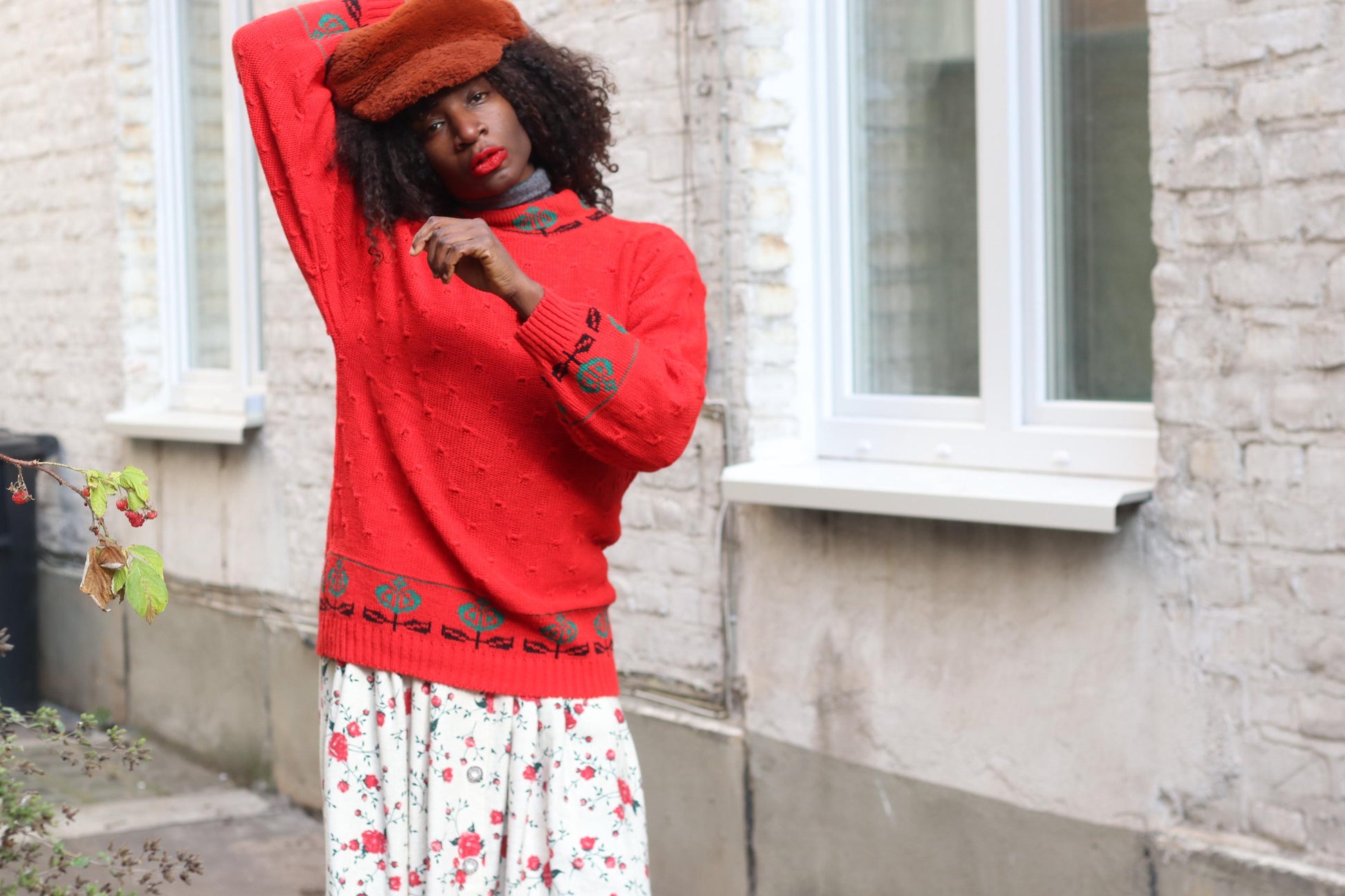Vintage Red Knit Sweater | 90s Floral Border Oversized Retro Pullover| Boho Flower Pattern Jumper