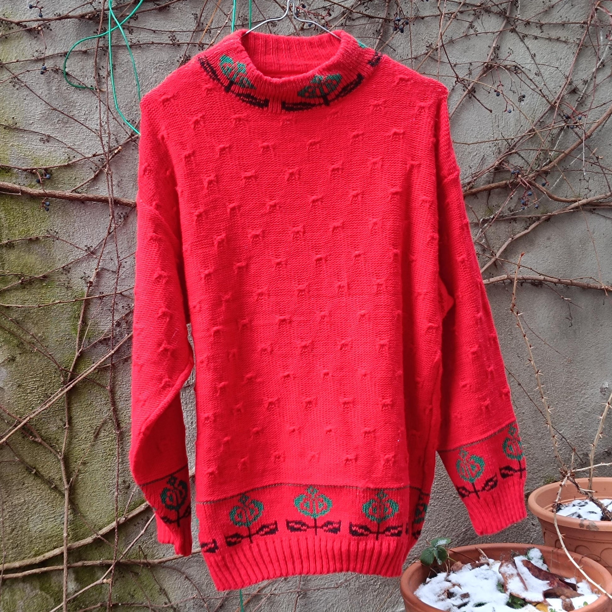 Vintage Red Knit Sweater | 90s Floral Border Oversized Retro Pullover| Boho Flower Pattern Jumper