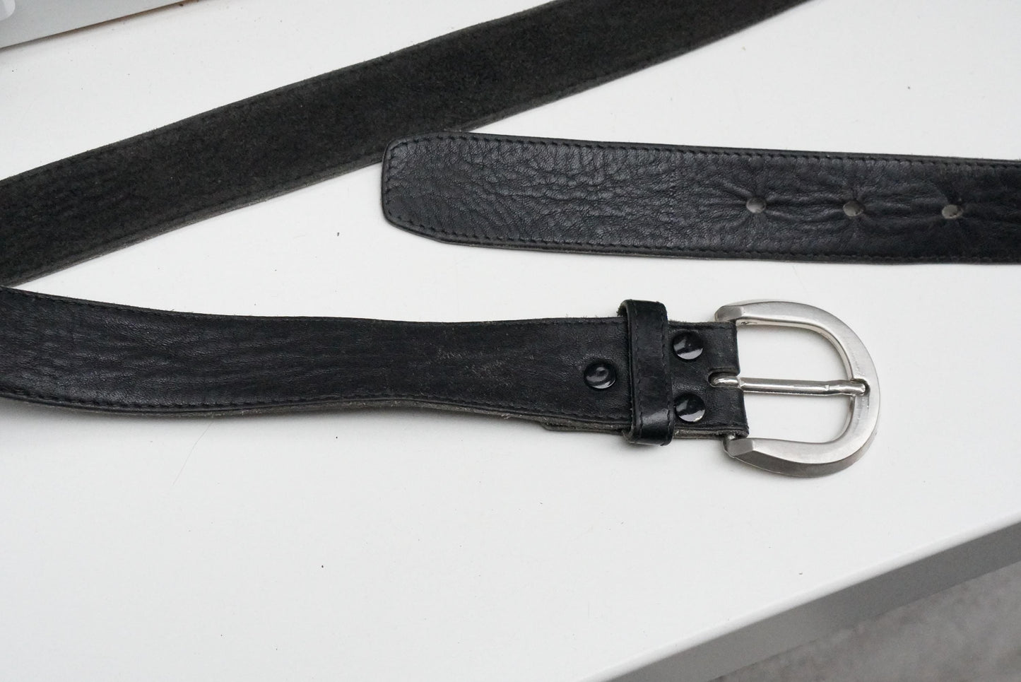 Vintage Black Leather Belt Silver Horseshoe Buckle Distressed Boho Waist Belt