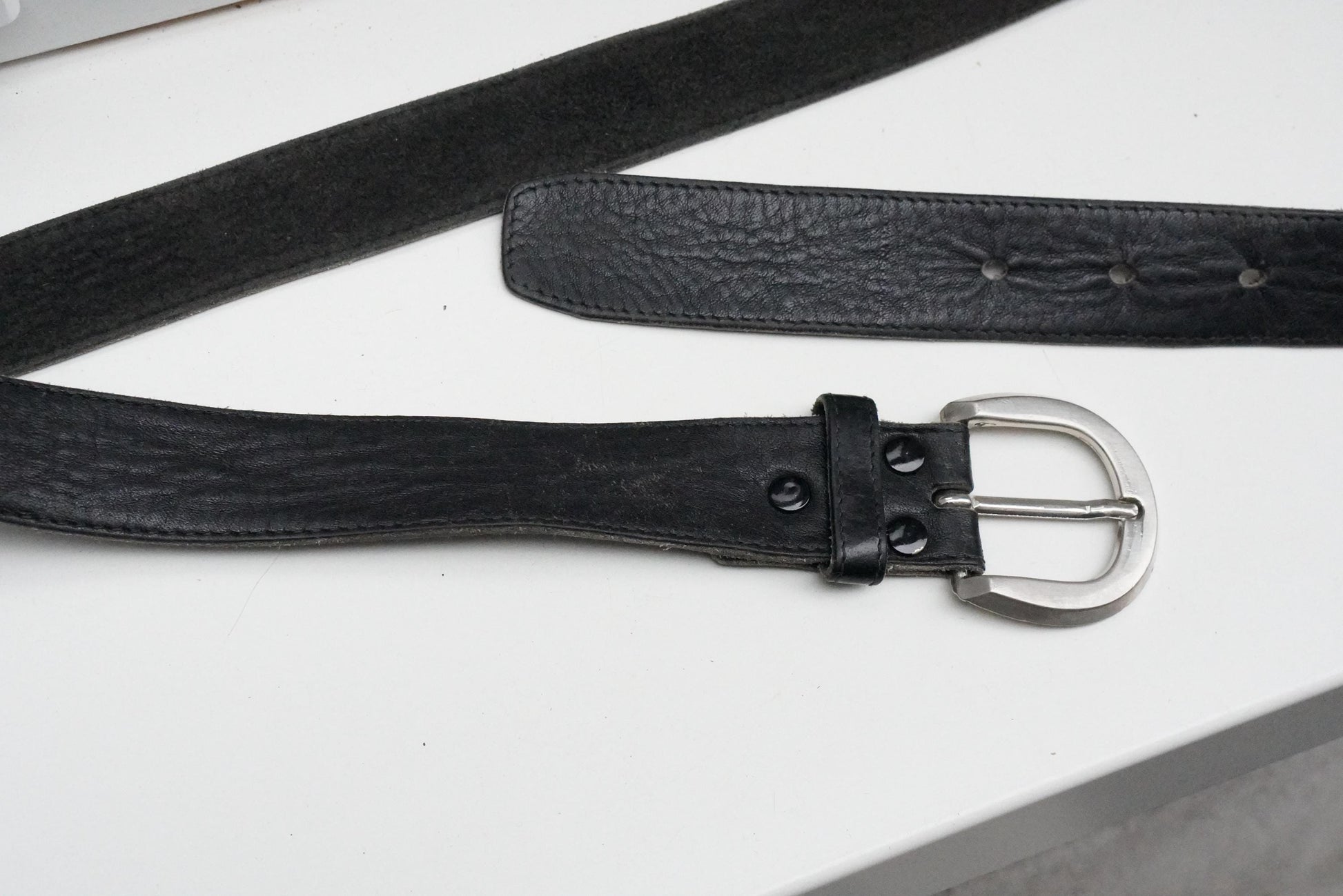 Vintage Black Leather Belt Silver Horseshoe Buckle Distressed Boho Waist Belt