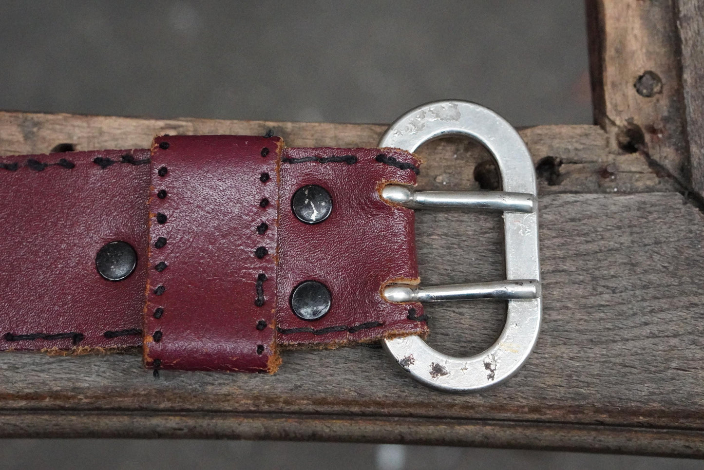 Vintage Burgundy Leather Belt| 80s Double Prong Silver Buckle Wide Red Boho Waist Belt