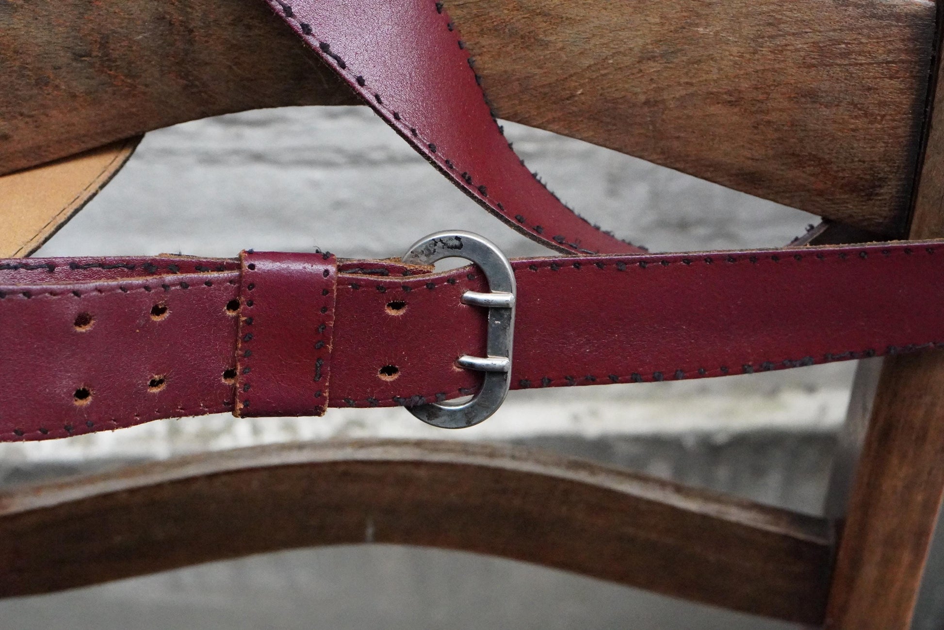 Vintage Burgundy Leather Belt| 80s Double Prong Silver Buckle Wide Red Boho Waist Belt