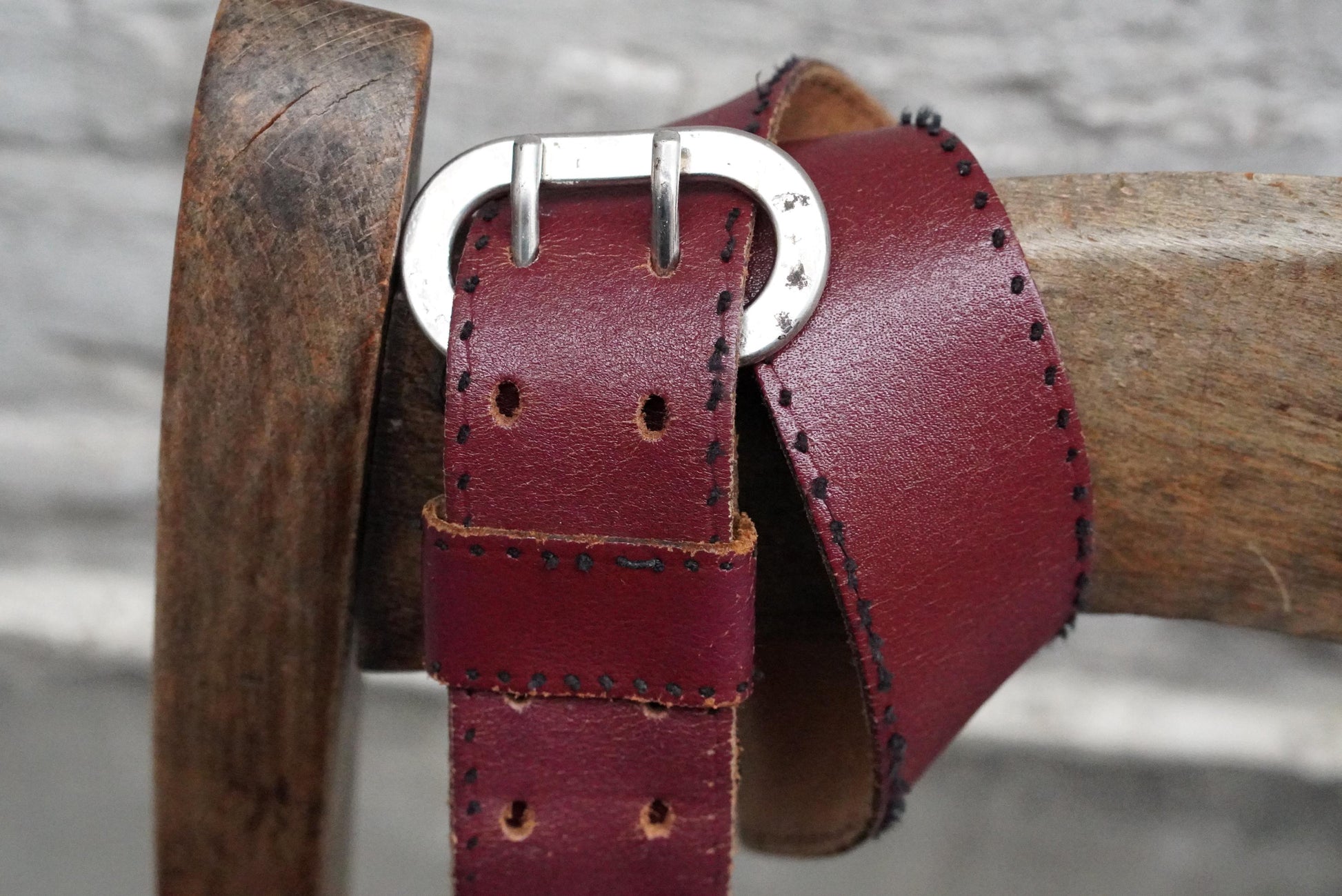 Vintage Burgundy Leather Belt| 80s Double Prong Silver Buckle Wide Red Boho Waist Belt