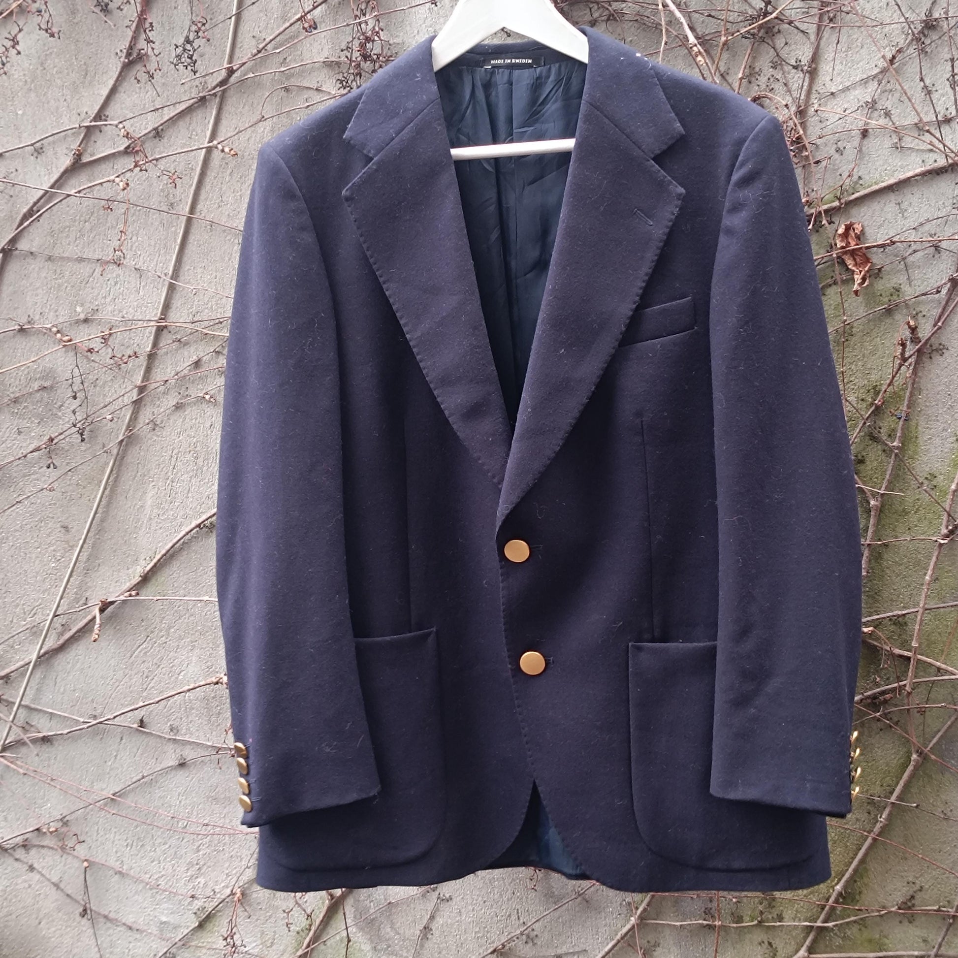 Vintage Navy Wool Blazer| 90s Made in Sweden Gold Buttons Dark Academia Jacket