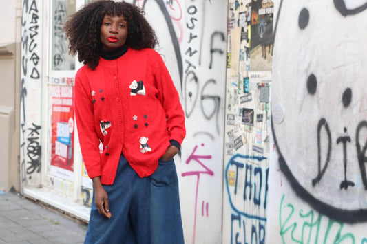 Vintage Red Wool Blend Cardigan: Bear Applique, Size S