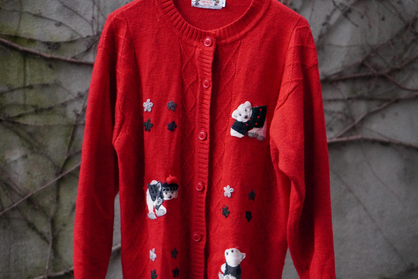 Vintage Red Wool Blend Cardigan: Bear Applique, Size S