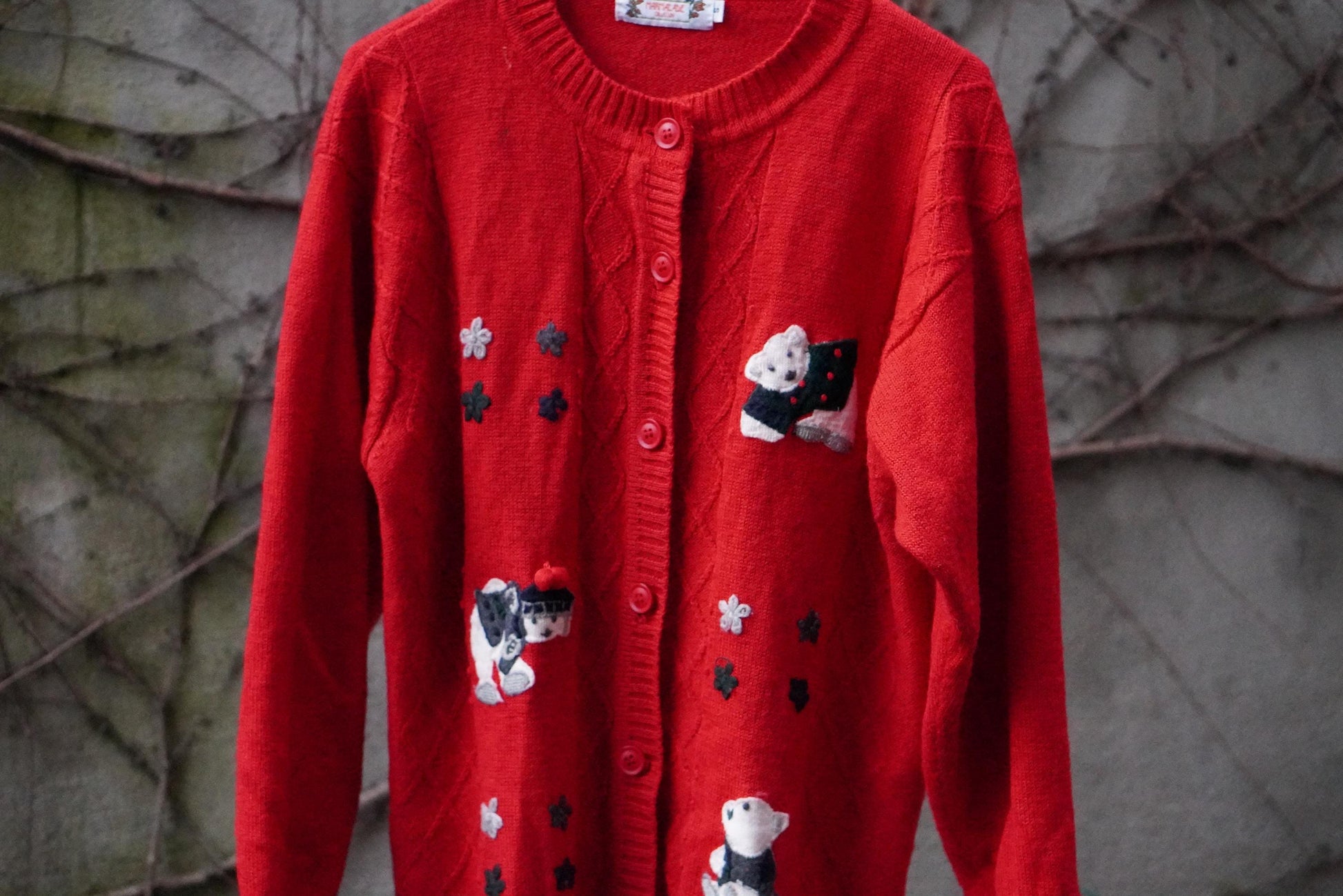 Vintage Red Wool Blend Cardigan: Bear Applique, Size S