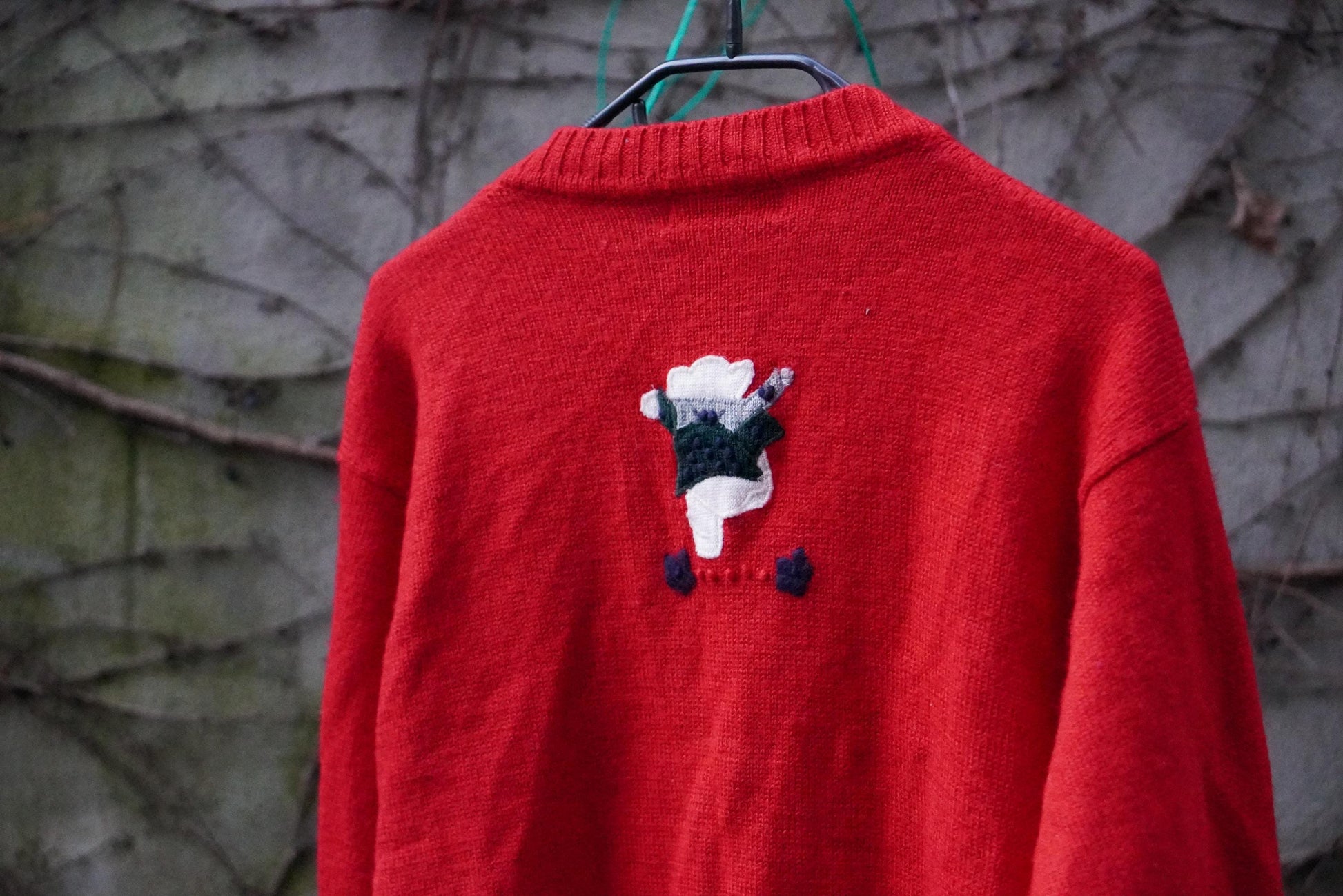 Vintage Red Wool Blend Cardigan: Bear Applique, Size S