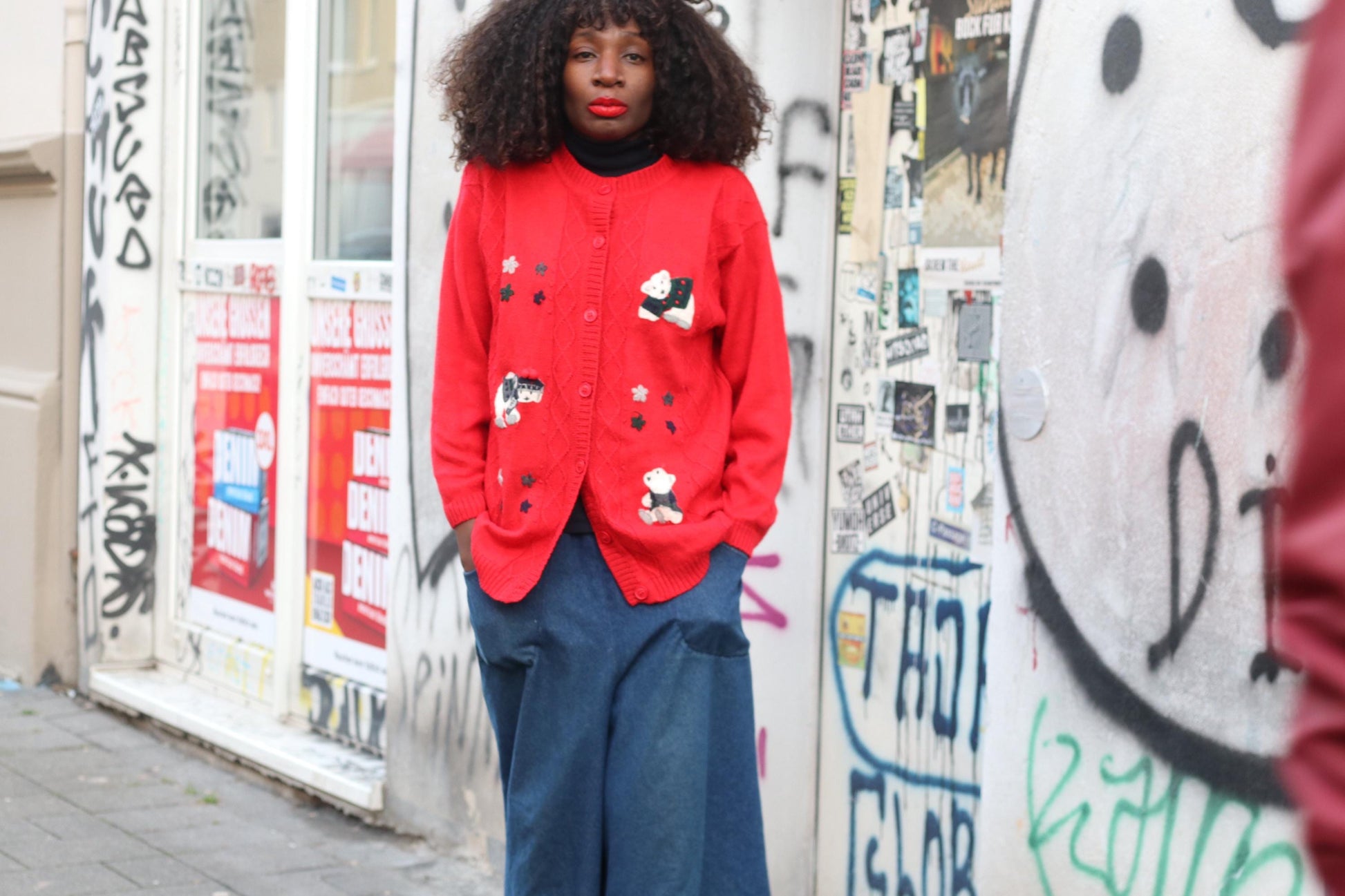 Vintage Red Wool Blend Cardigan: Bear Applique, Size S