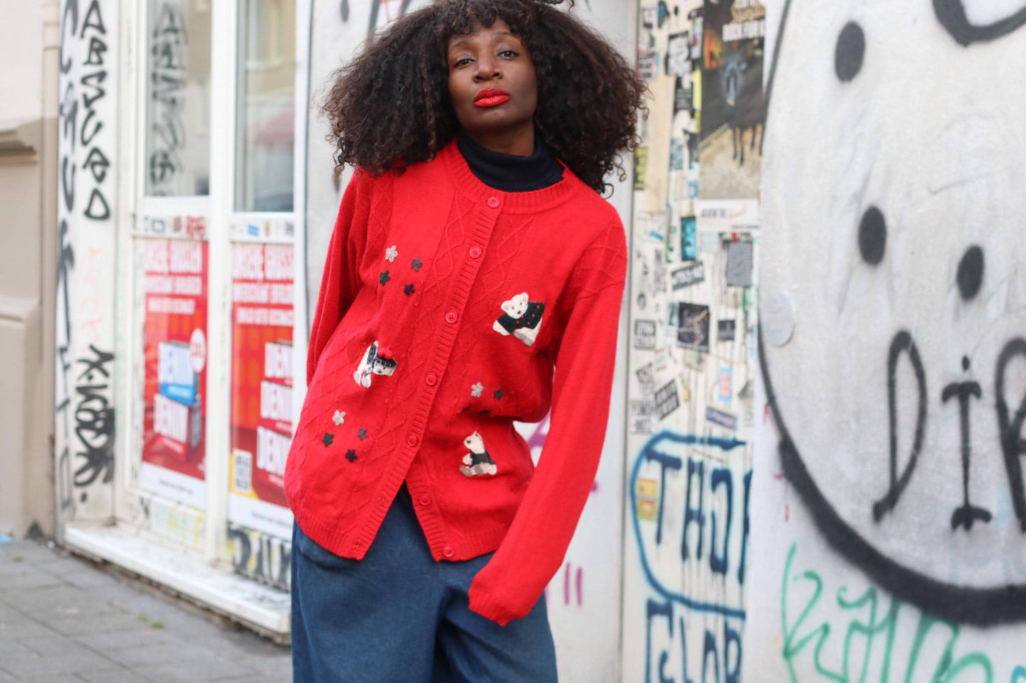 Vintage Red Wool Blend Cardigan: Bear Applique, Size S