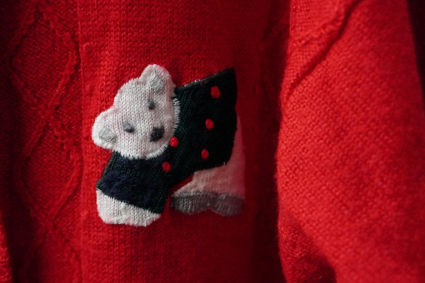 Vintage Red Wool Blend Cardigan: Bear Applique, Size S
