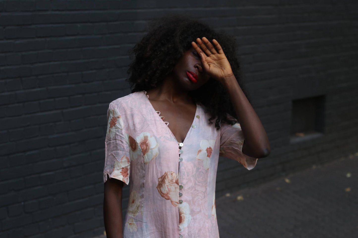 90s Floral Rayon Tea Dress Pink Midi Button Down Summer Gown Grunge Fairycore M