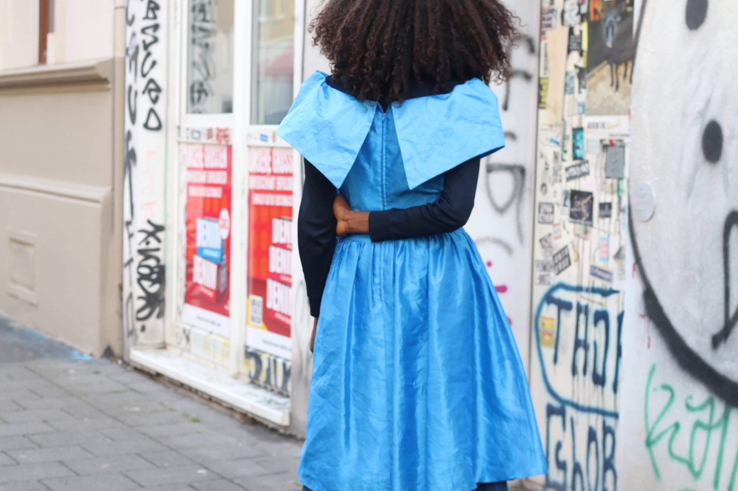 Vintage 80s Blue Taffeta Party Dress: Fit and Flare, Portrait Collar