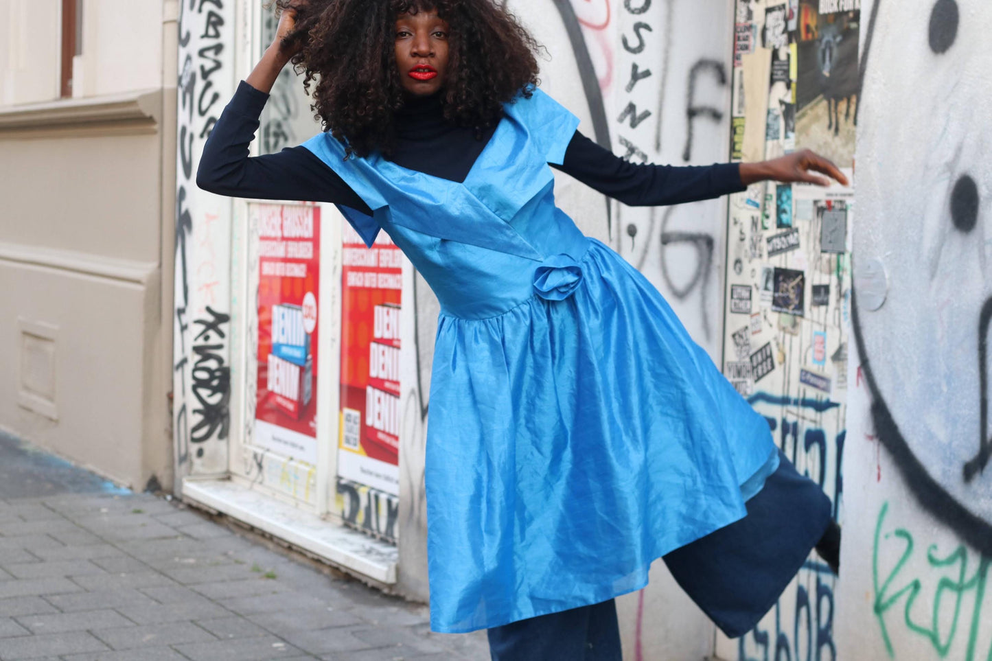 Vintage 80s Blue Taffeta Party Dress: Fit and Flare, Portrait Collar