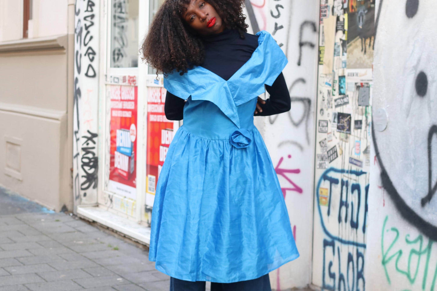 Vintage 80s Blue Taffeta Party Dress: Fit and Flare, Portrait Collar