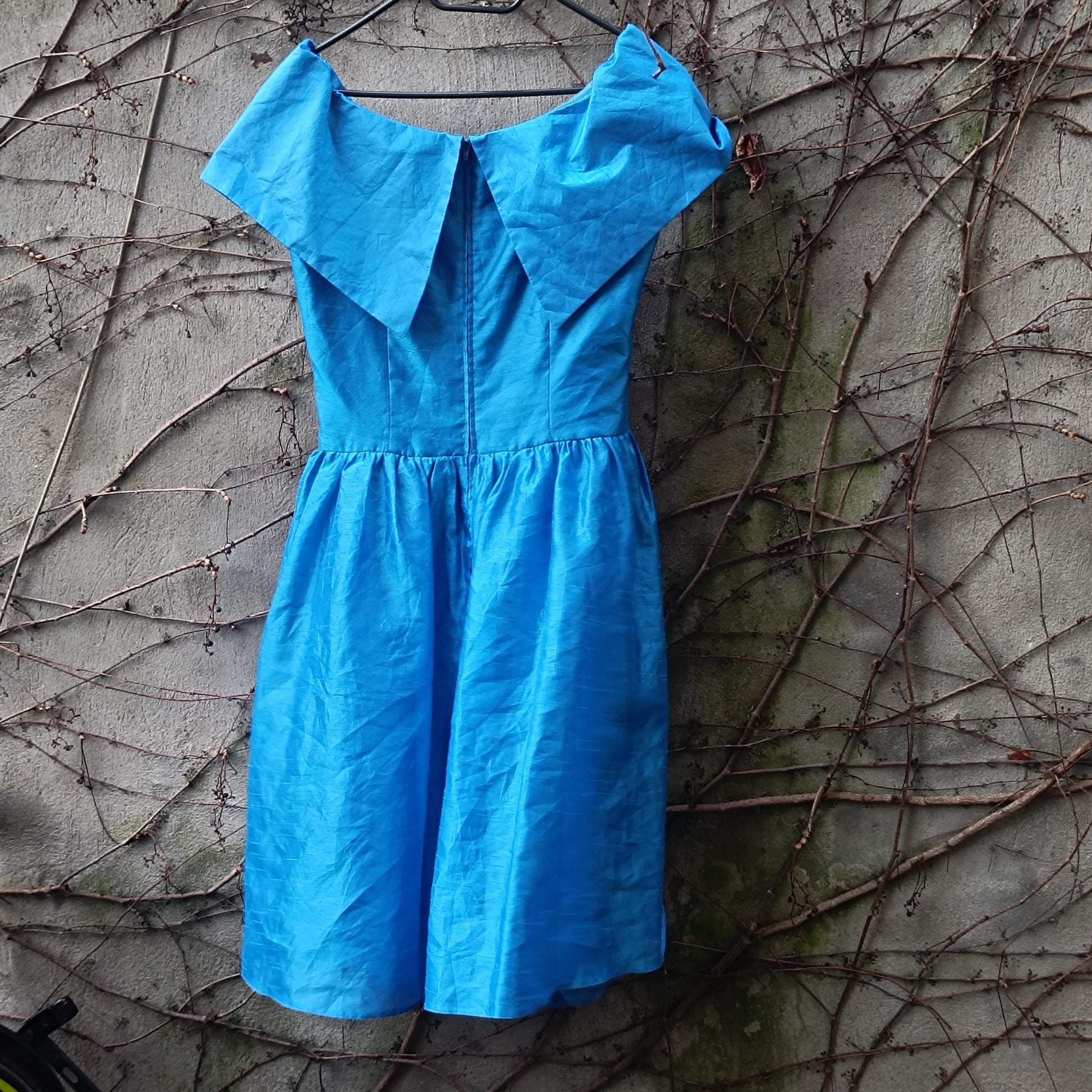 Vintage 80s Blue Taffeta Party Dress: Fit and Flare, Portrait Collar